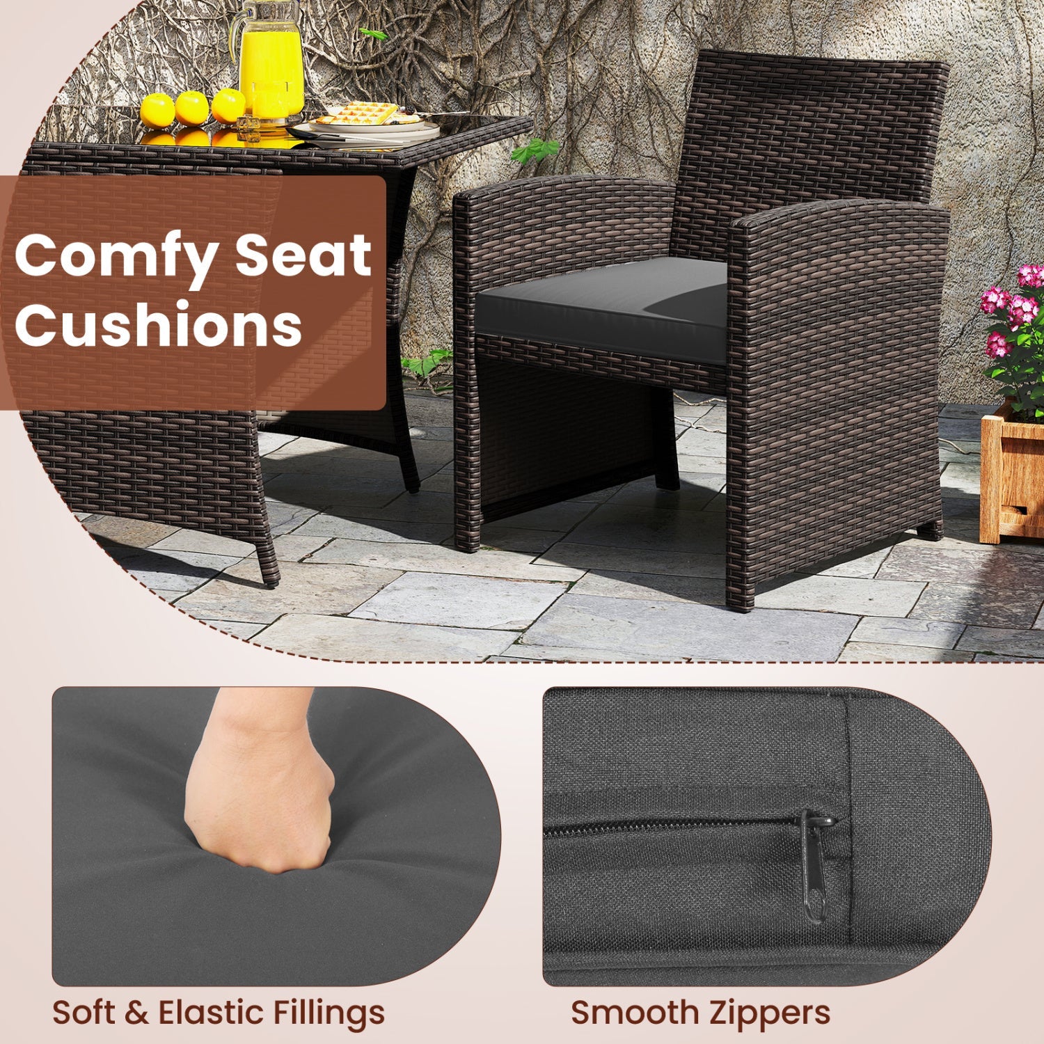 3-Piece Wicker Patio Dining Set with Tempered Glass Table