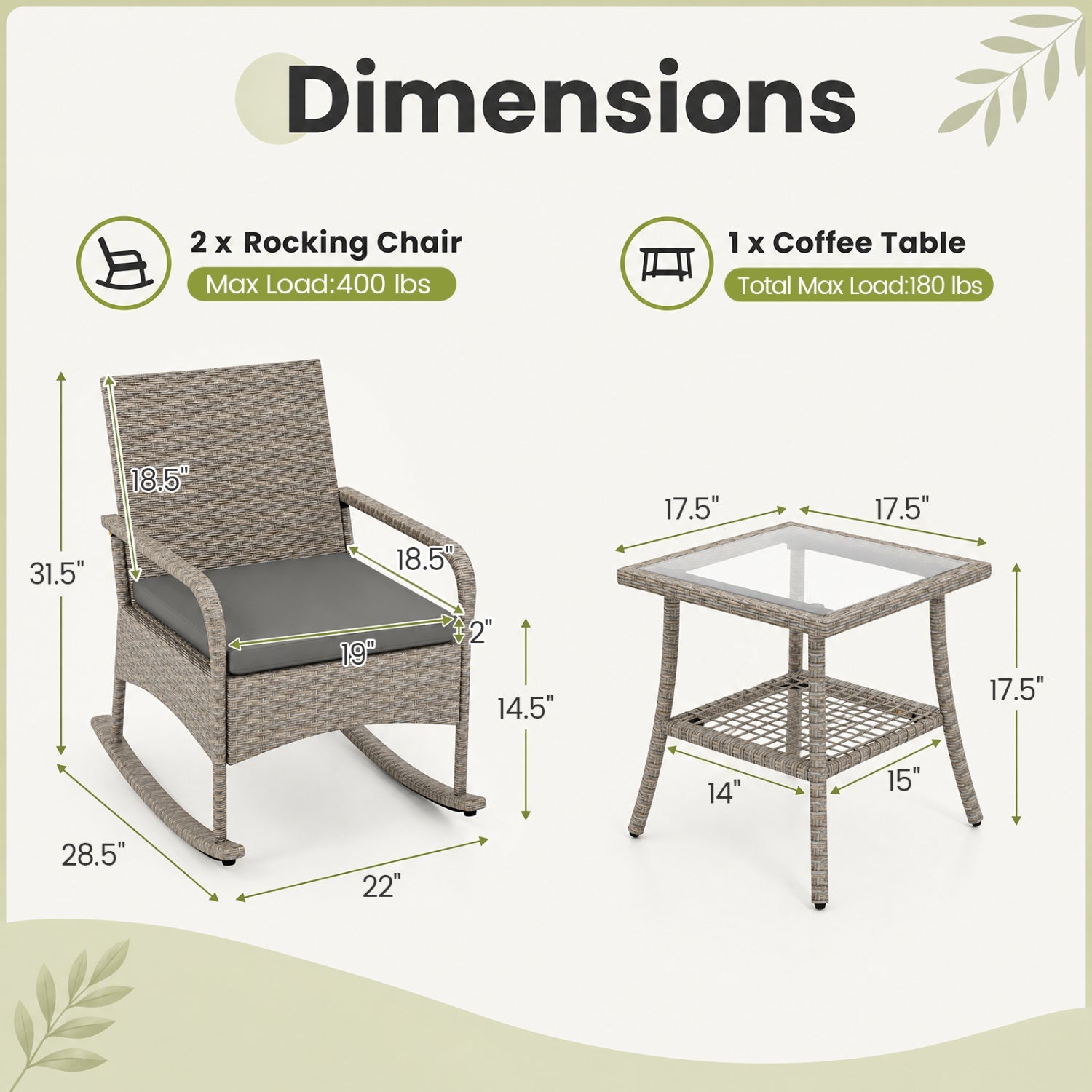 3-Piece Wicker Rocking Bistro Set with Cushions - Gray
