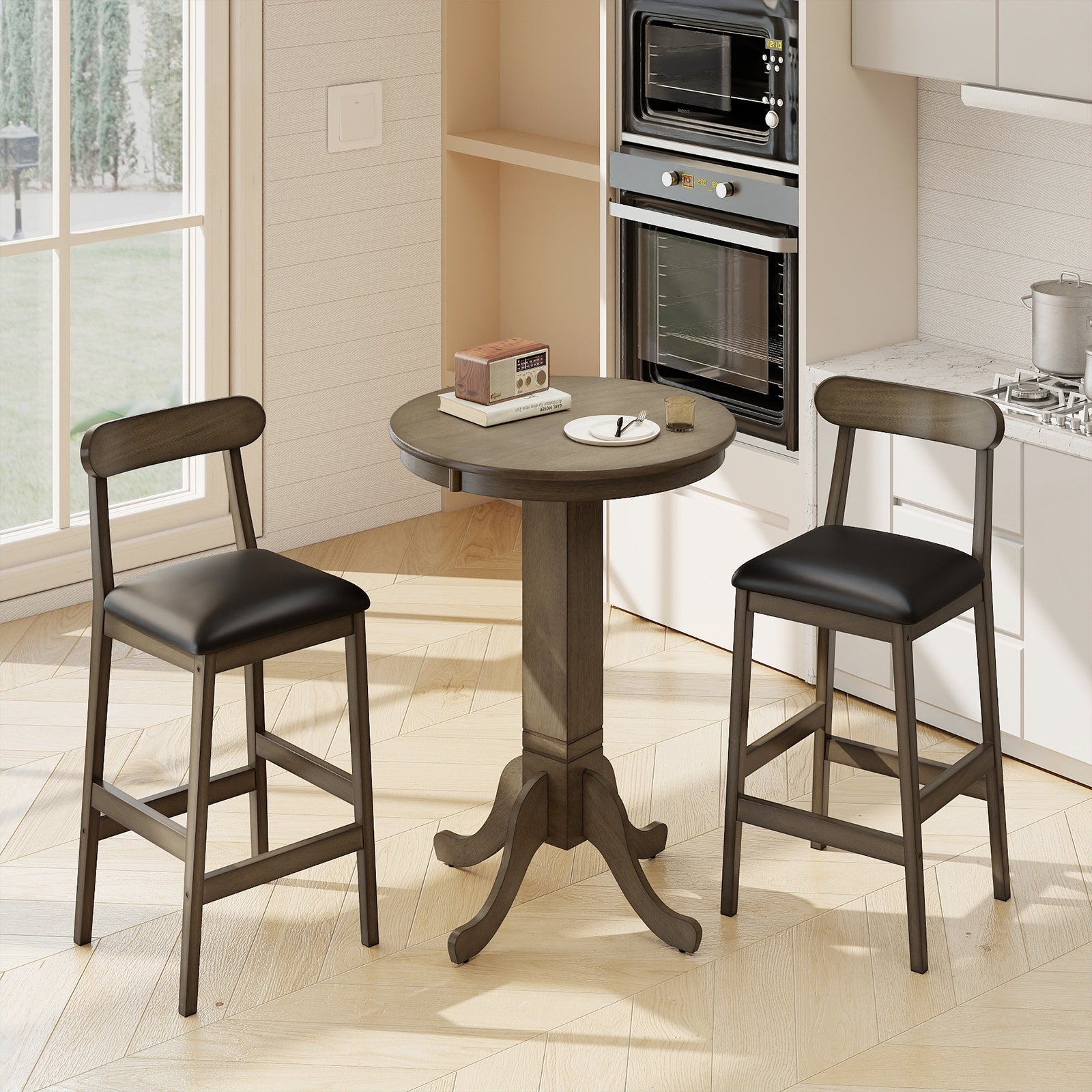 3 Pieces Wood Bar Table Set for 2 Round Pub Table with Pedestal Base and 2 Armless Stools