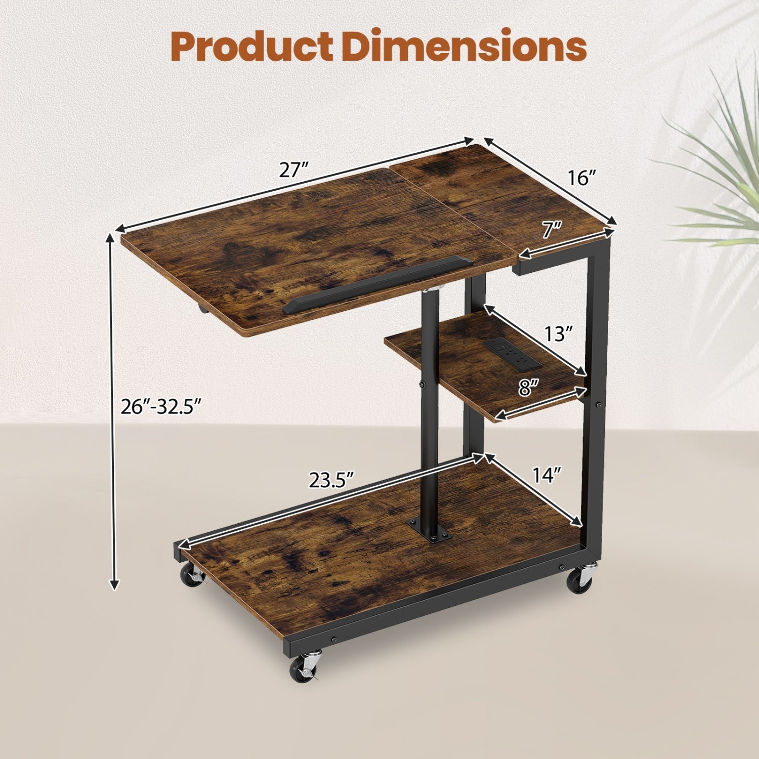 3-Tier Mobile Desk with Tiltable Tabletop