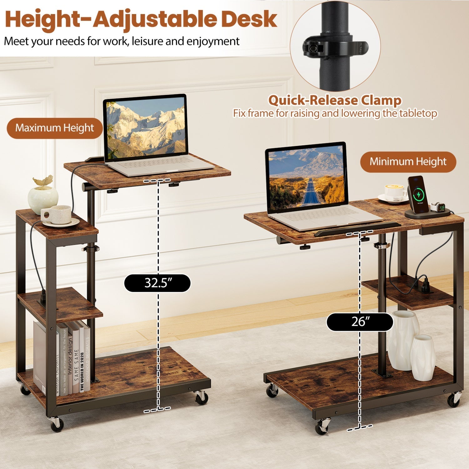 3-Tier Mobile Desk with Tiltable Tabletop