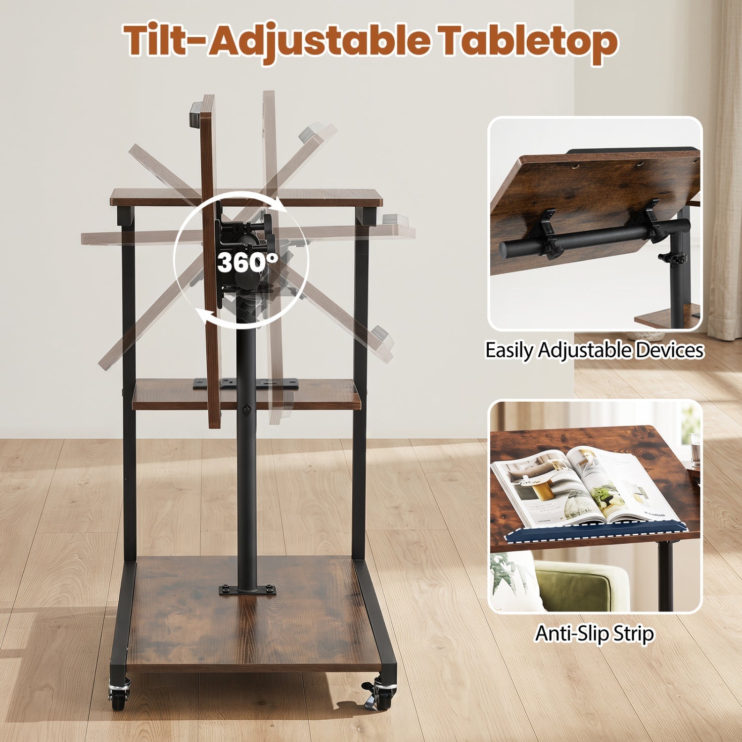 3-Tier Mobile Desk with Tiltable Tabletop
