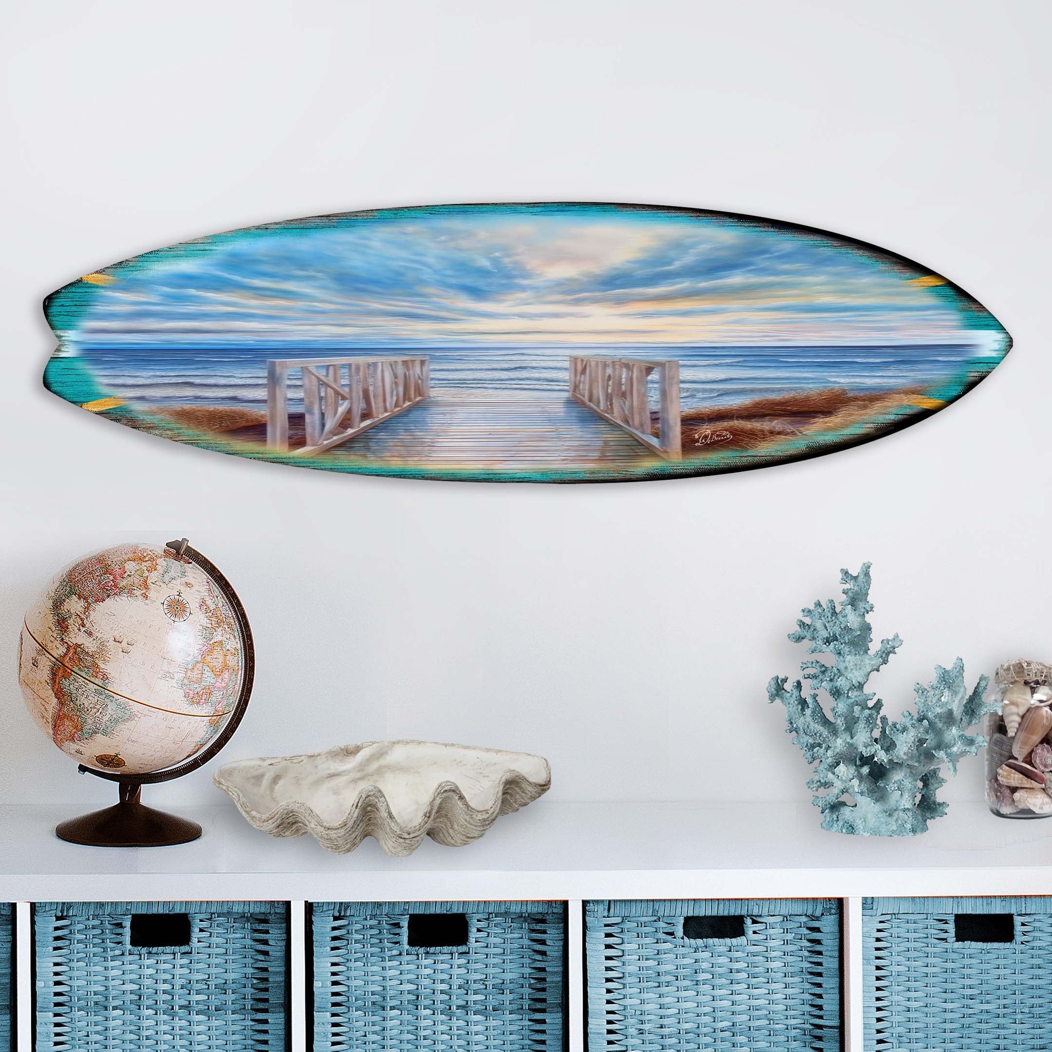 Wooden Pier Surfboard Coastal Wall Art