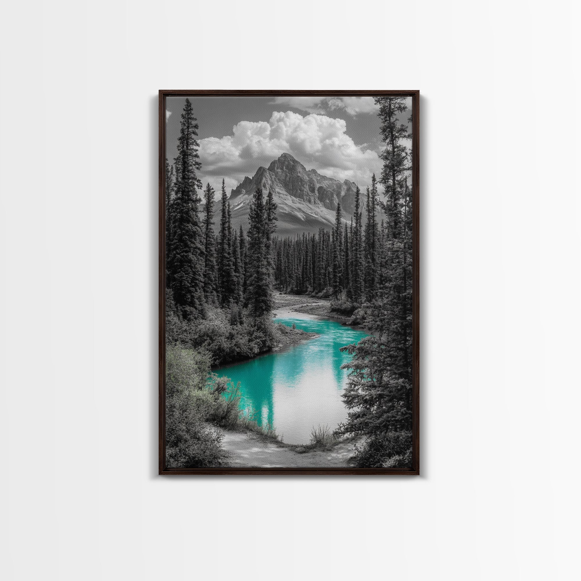 Mountain River, Turquoise Stream, Serene Nature Scene, Canvas Print, Living Room Wall Art, Minimal Landscape Decor, Cabin Vibes