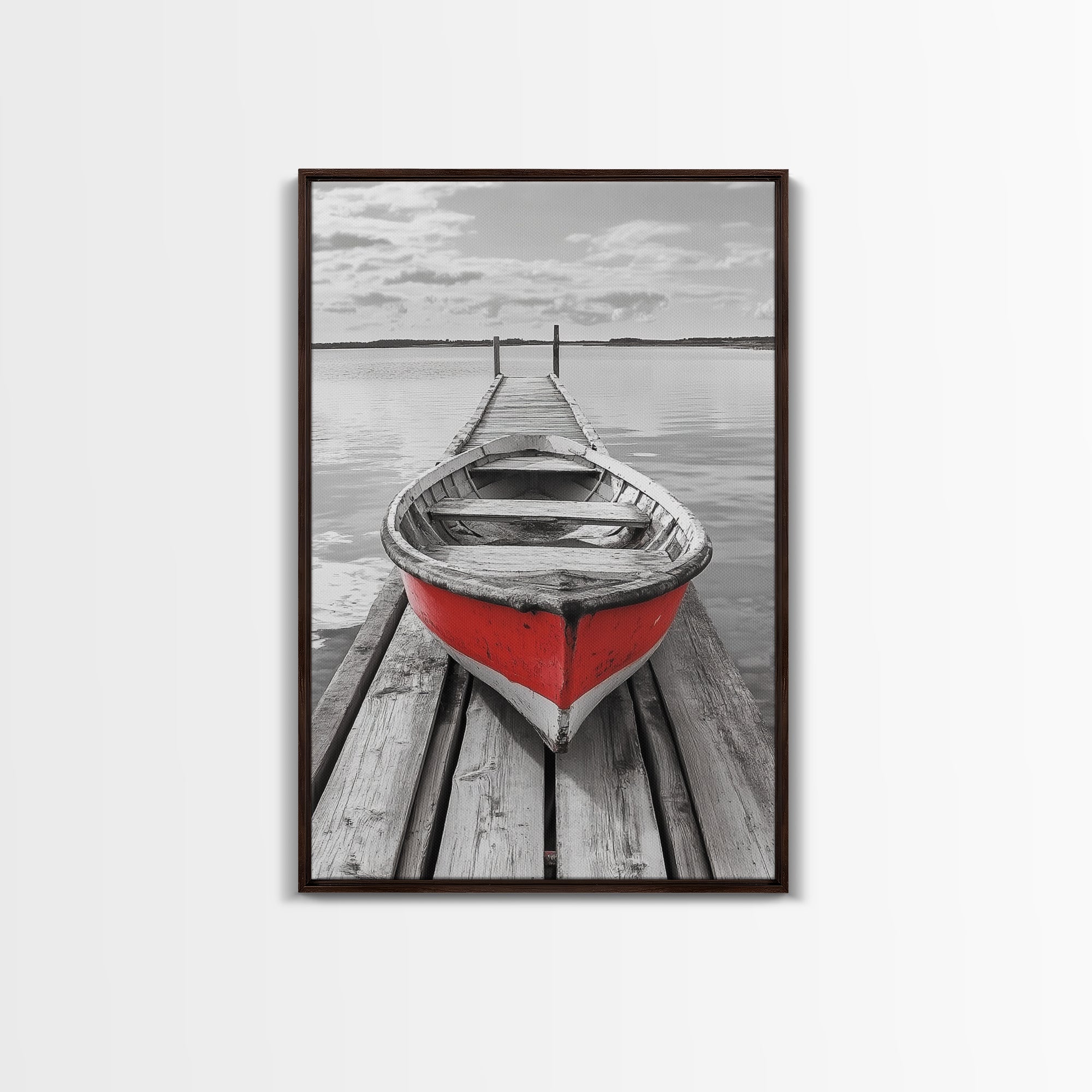Red Rowboat, Dock Stillness, Minimalist Lake Scene, Canvas Print, Nautical Wall Art, Bathroom Decor, Tranquil Seascape, Coastal Aesthetic