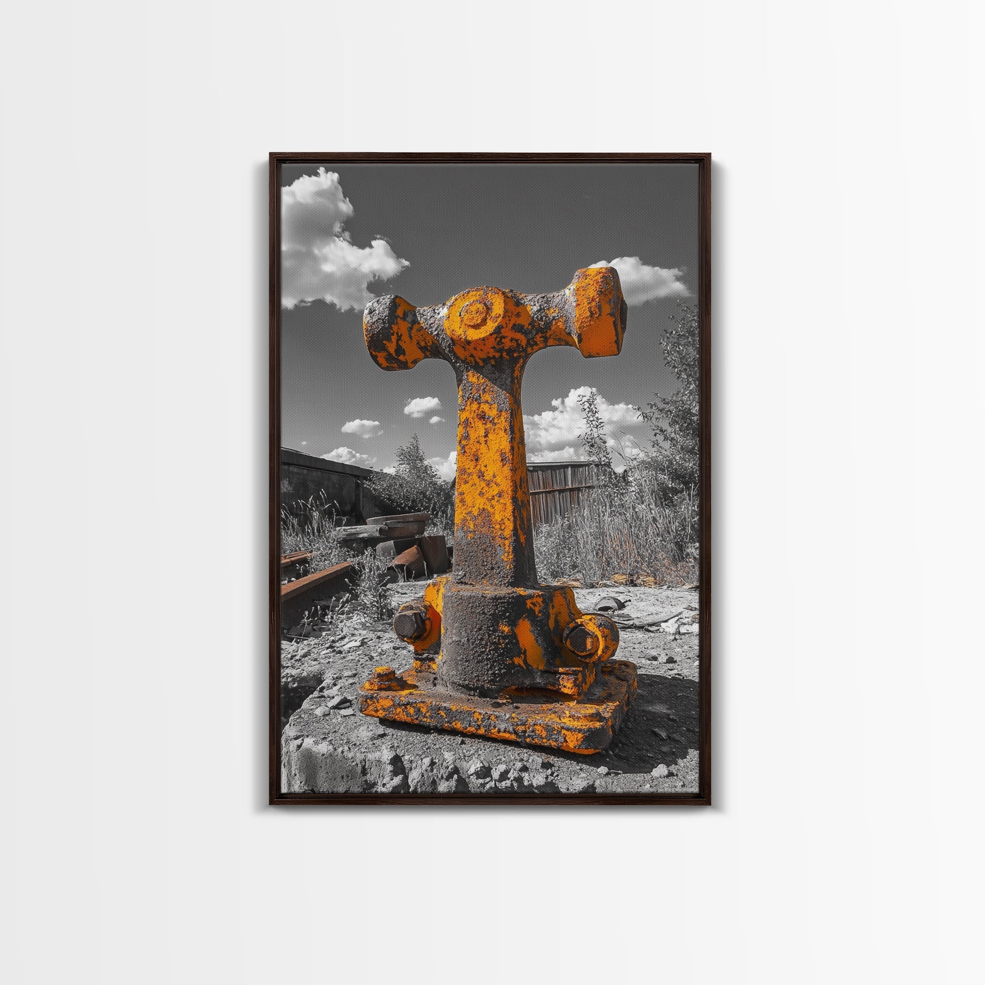 Rusty Bolt, Yellow Steel, Industrial Contrast, Framed Canvas Print, Garage Decor, Workshop Wall Art, Urban Grunge Photography