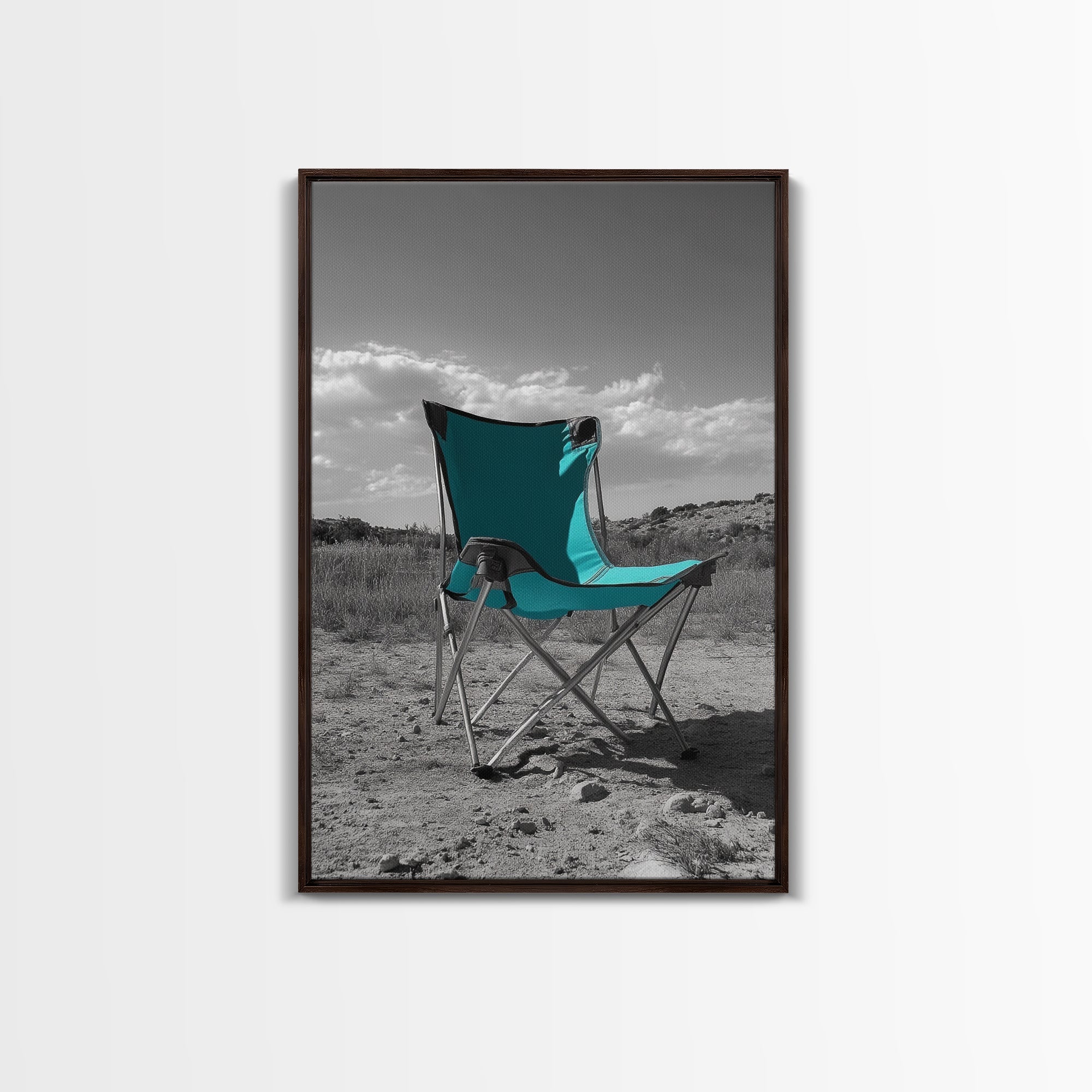Teal Camp Chair, Outdoor Minimalism, Desert Art, Canvas Print, Camping Wall Decor, Nature Photo, Rustic Retreat, Cabin Wall Art