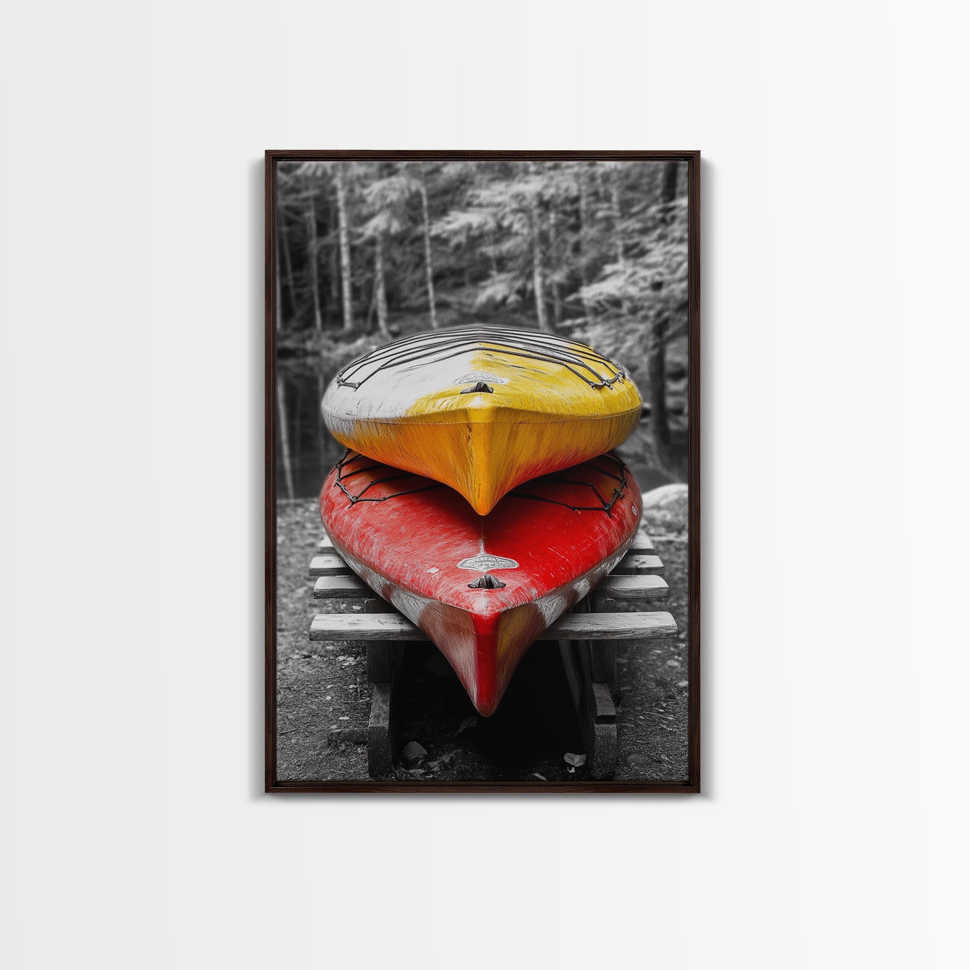 Stacked Kayaks, Red and Yellow, Forest Wall Art