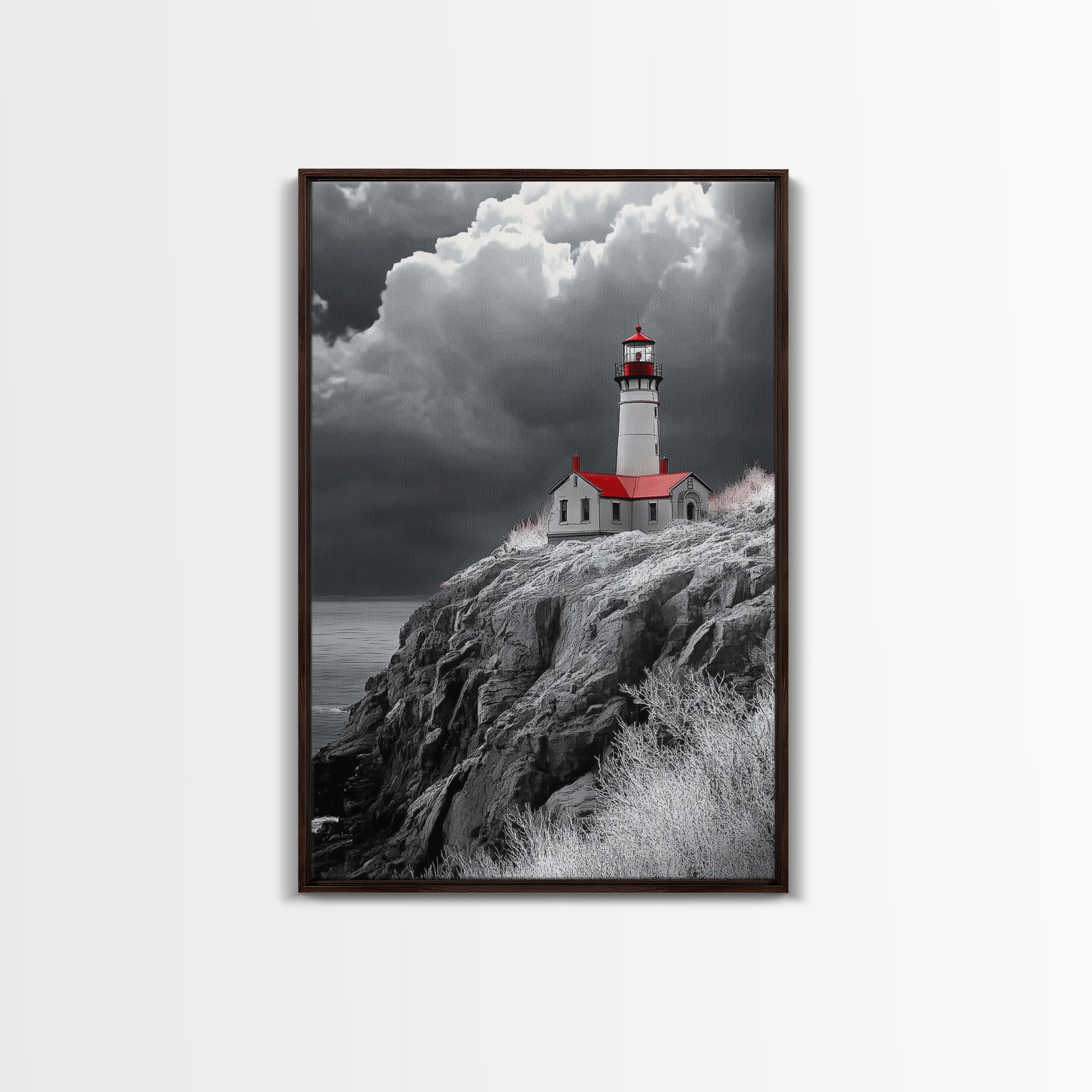 Stormy Lighthouse, Red Roof, Dramatic Coastline, Canvas Print, Coastal Wall Decor, Nautical Art, Living Room Wall Art, Rustic Home Art