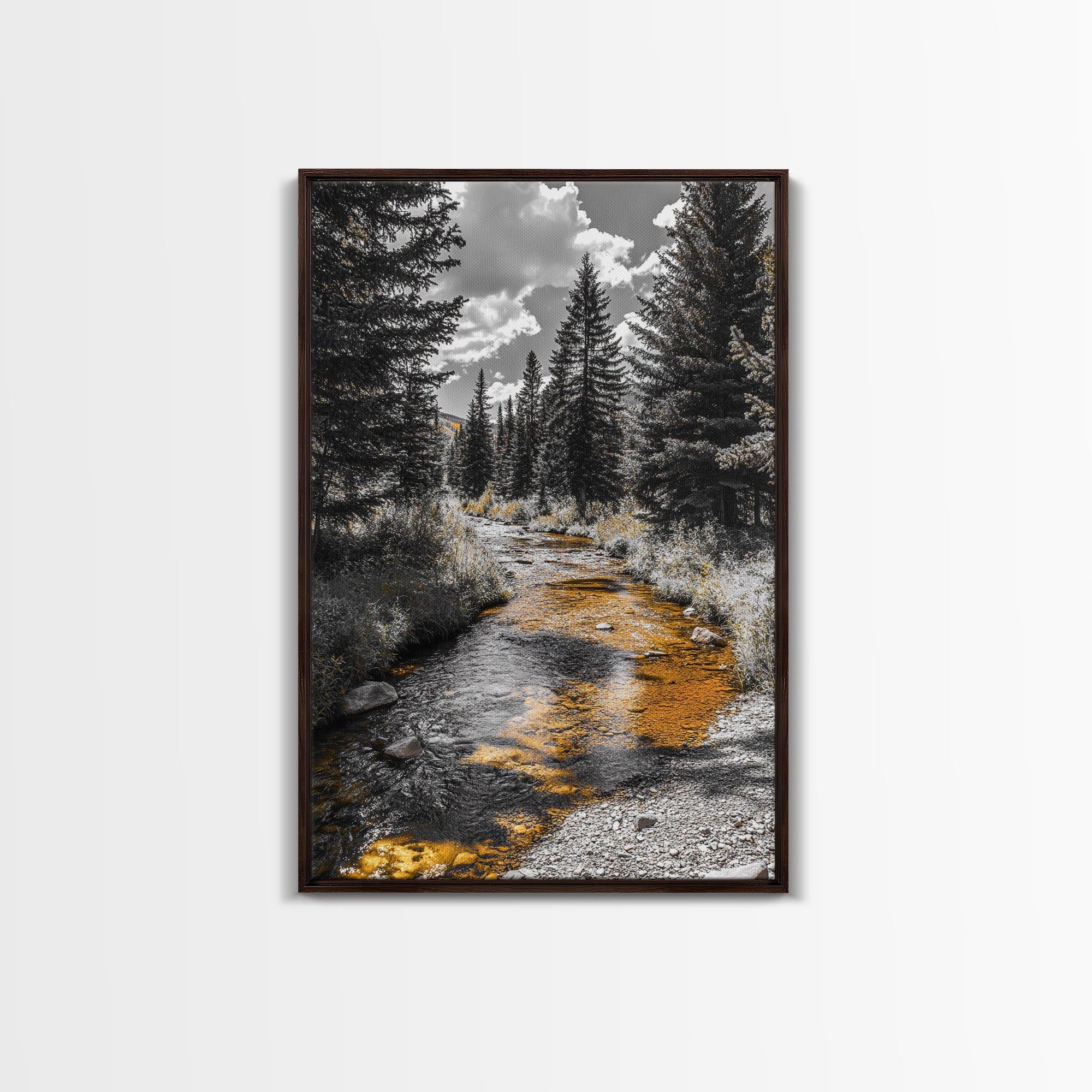 Forest Stream, Autumn Glow, Mountain Trees, Framed Canvas Print, Rustic Cabin Wall Art, Nature Photography, Fall Landscape Decor