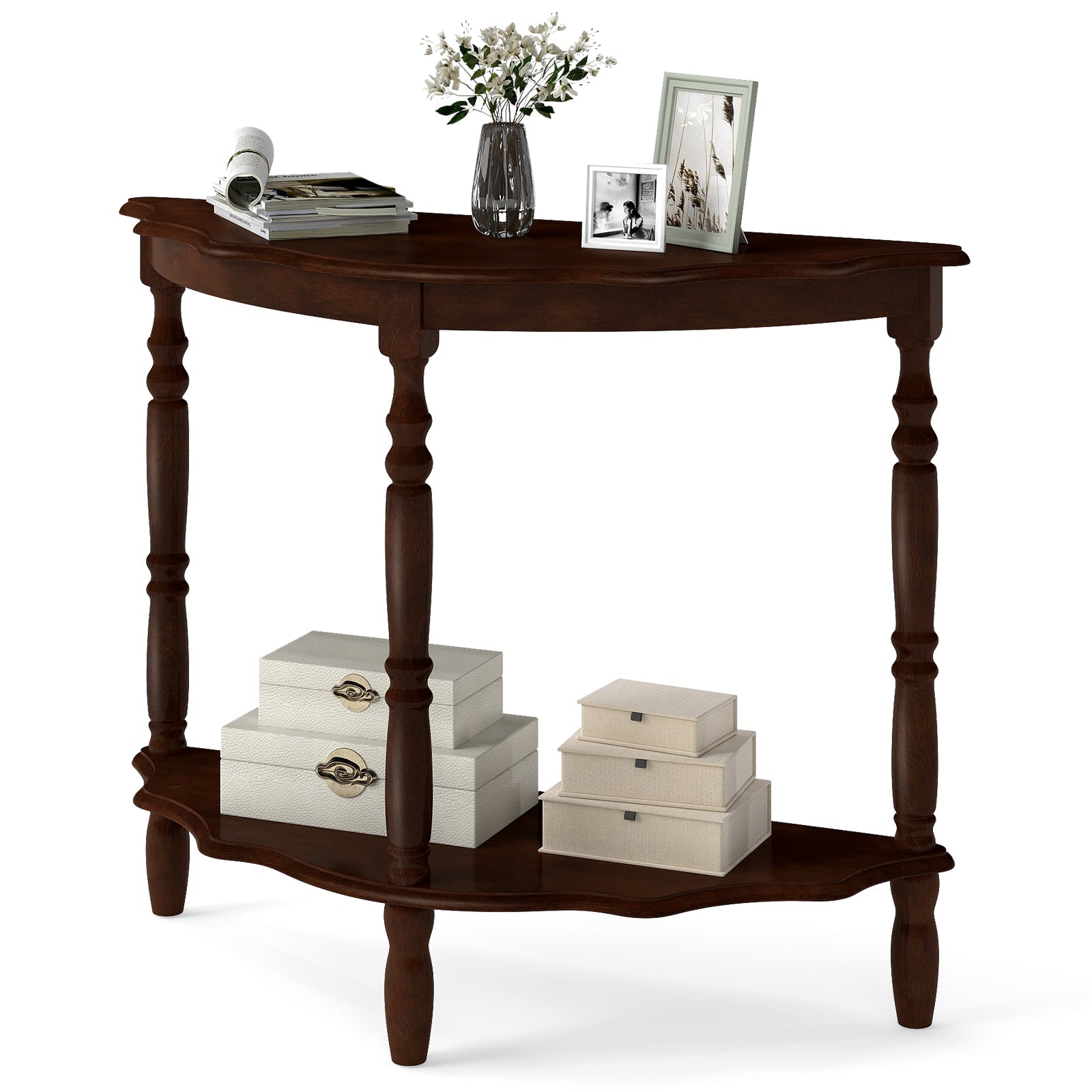 42 Inch Half Moon Console Table with Shelf and Rubber Wood Legs-Espresso