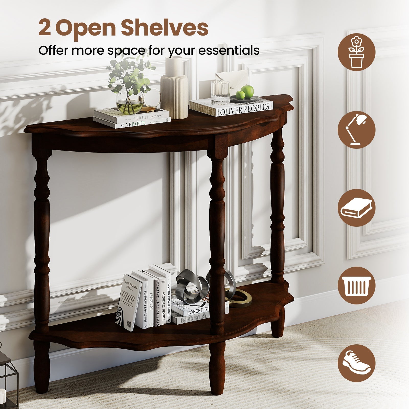 42 Inch Half Moon Console Table with Shelf and Rubber Wood Legs-Espresso