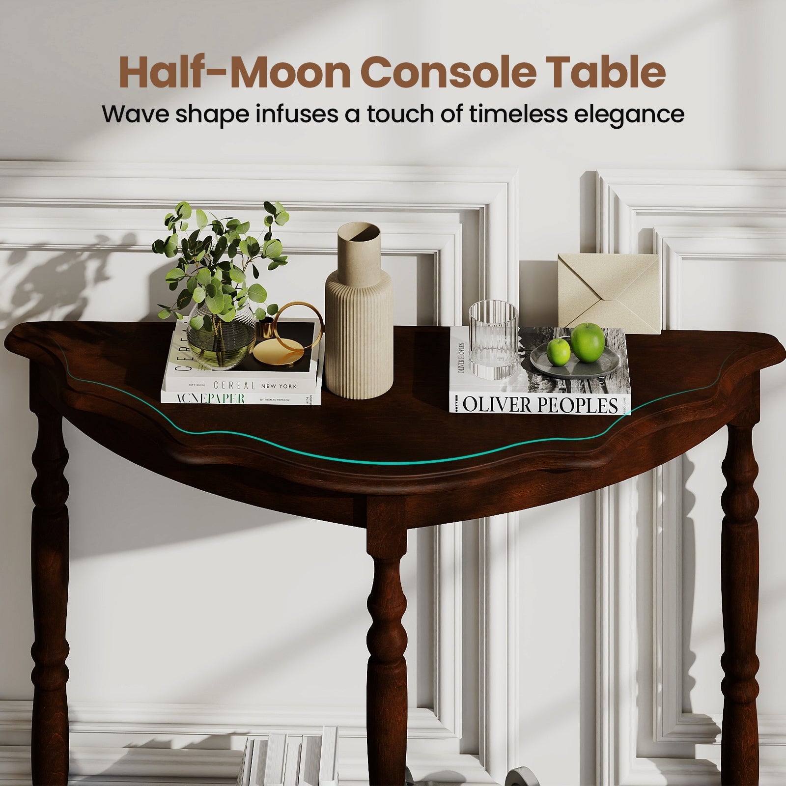 42 Inch Half Moon Console Table with Shelf and Rubber Wood Legs-Espresso