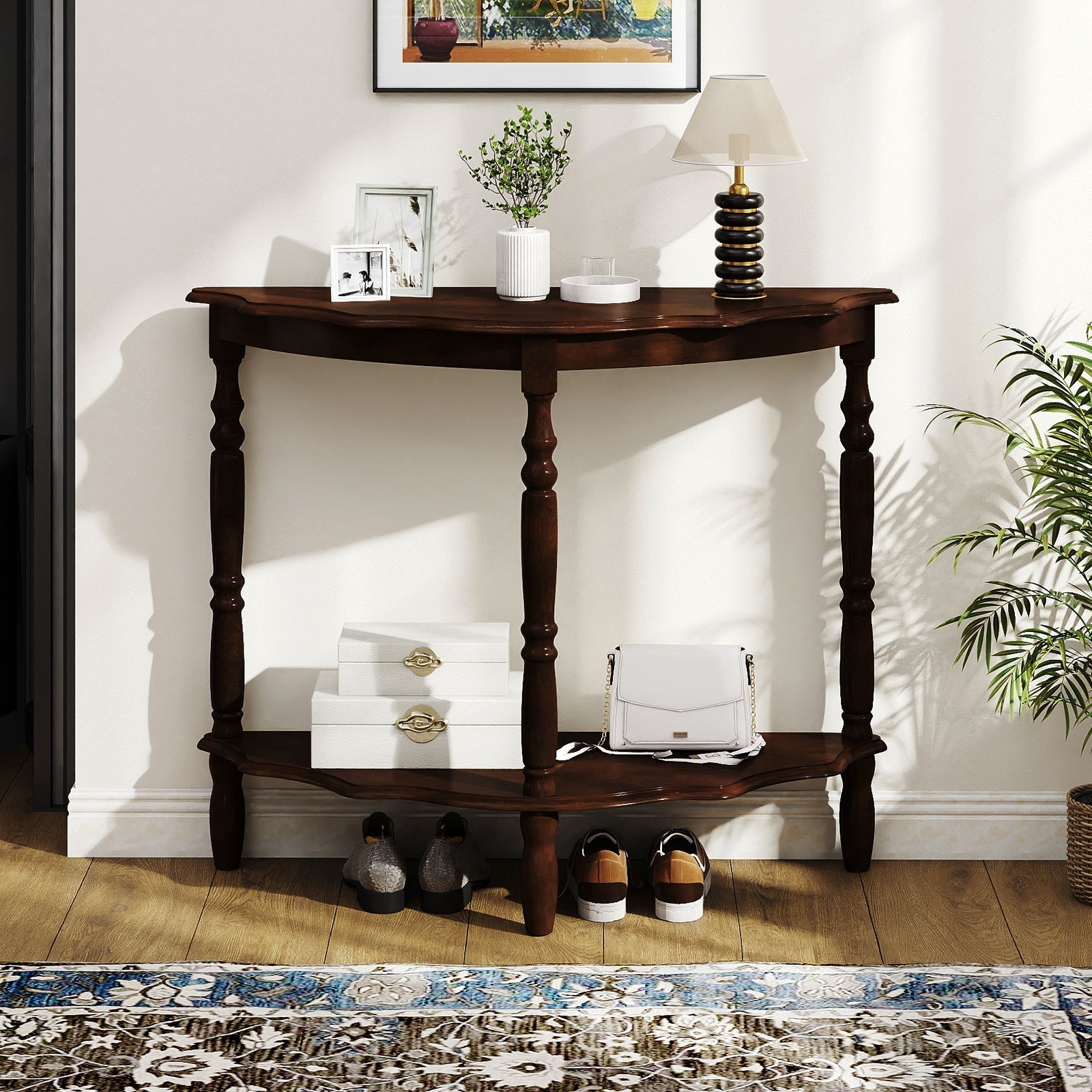 42 Inch Half Moon Console Table with Shelf and Rubber Wood Legs-Espresso