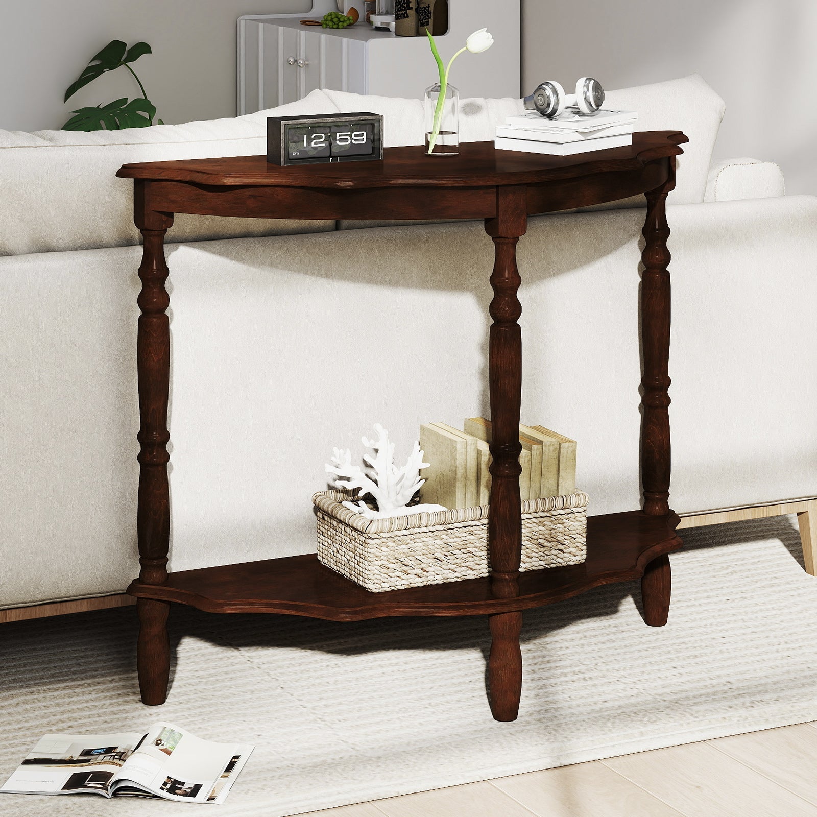 42 Inch Half Moon Console Table with Shelf and Rubber Wood Legs-Espresso
