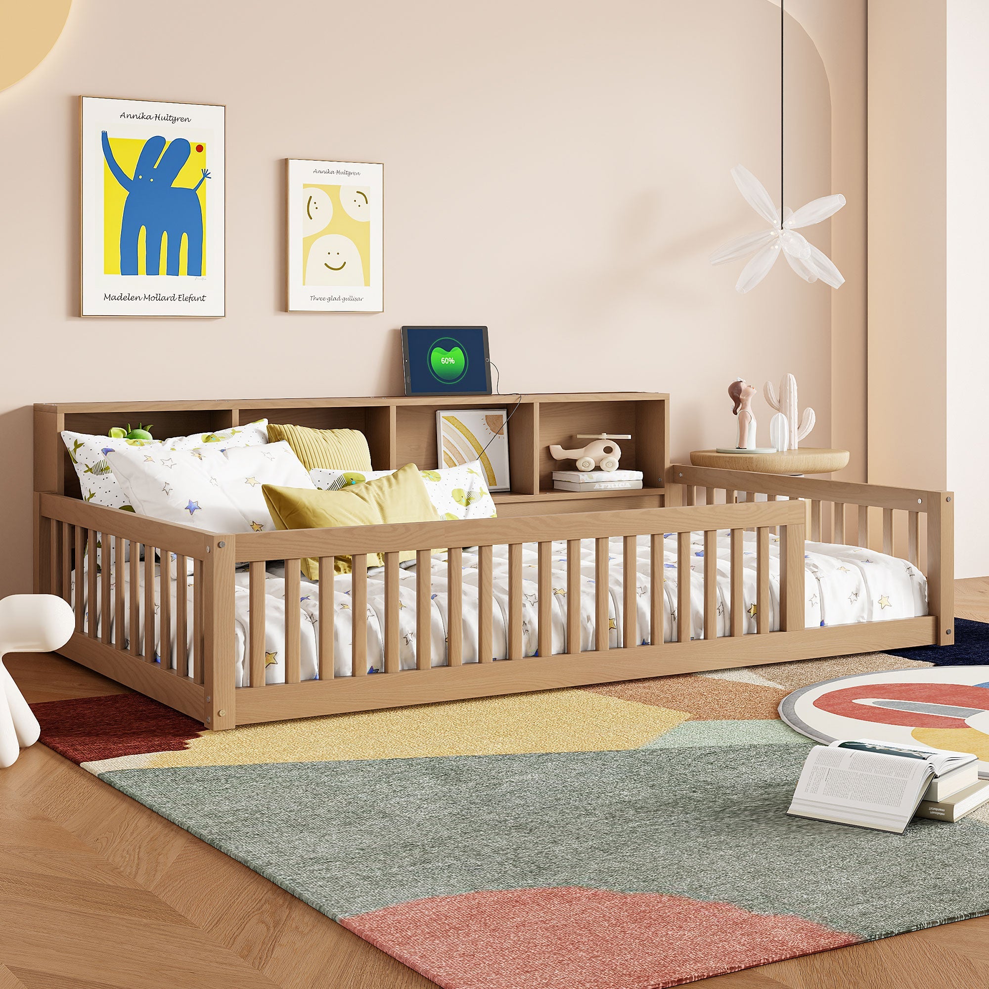 Wood Twin XL Bed with Storage Cabinets