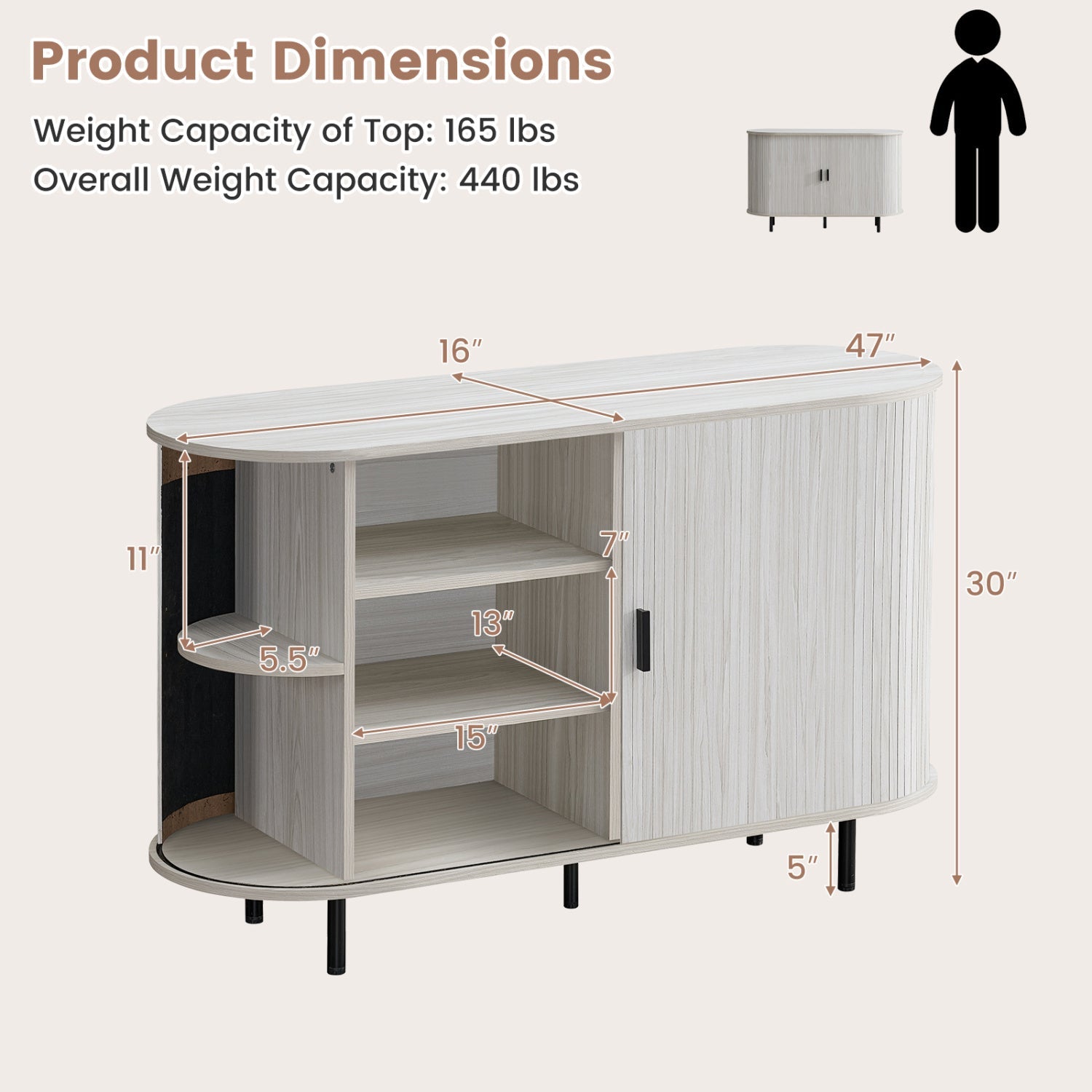47 Inch Fluted Sideboard Buffet Cabinet with Tambour Sliding Doors and Metal Legs