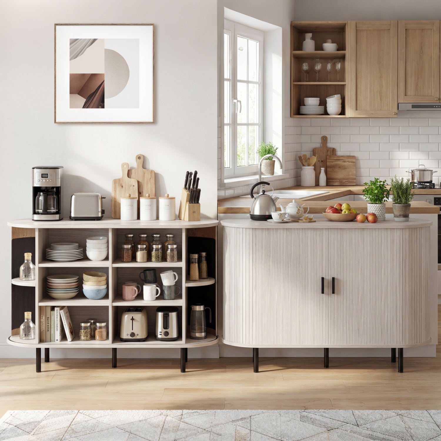 47 Inch Fluted Sideboard Buffet Cabinet with Tambour Sliding Doors and Metal Legs