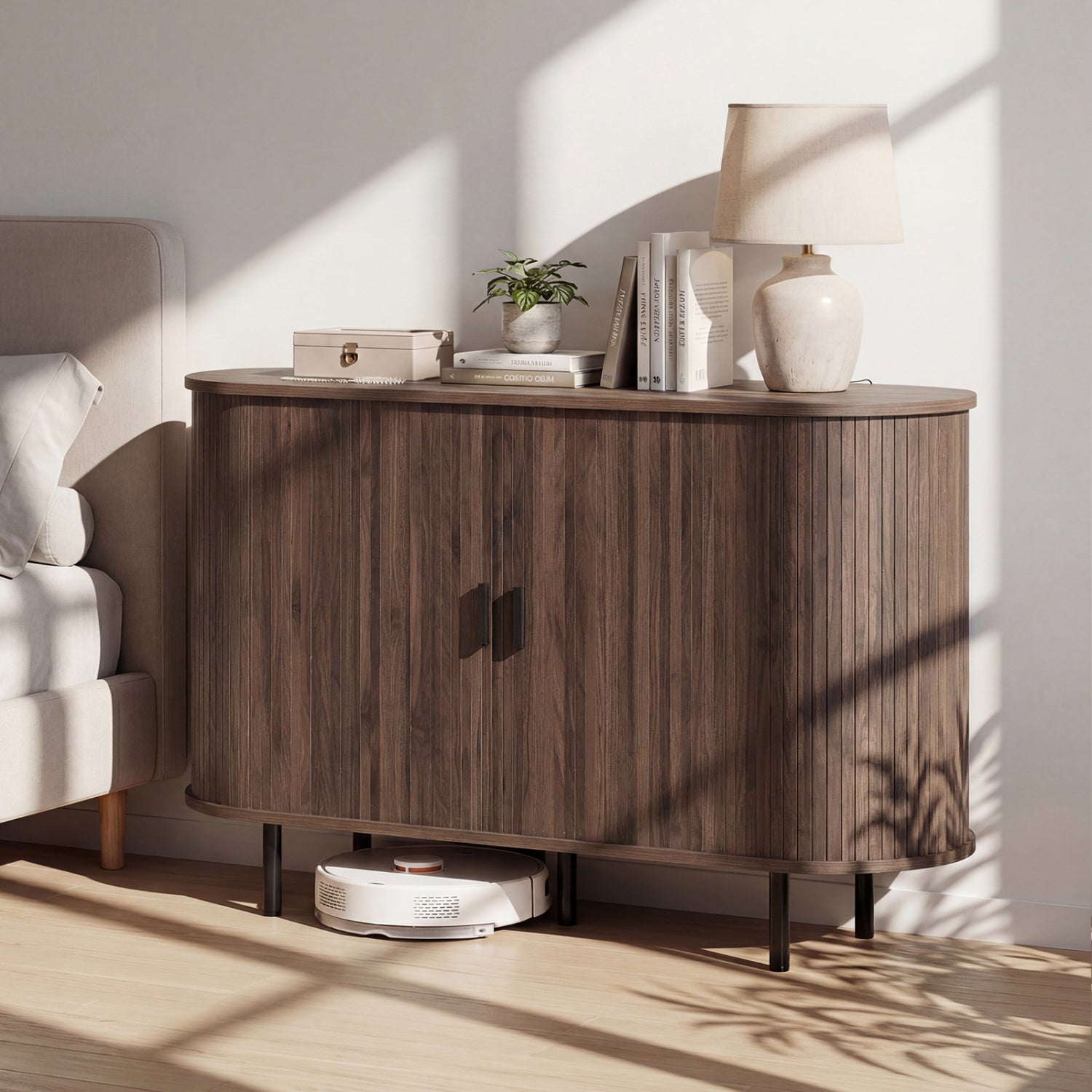 47 Inch Fluted Sideboard Buffet Cabinet with Tambour Sliding Doors and Metal Legs