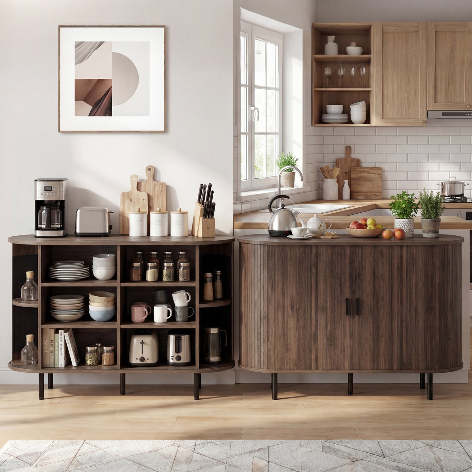 47 Inch Fluted Sideboard Buffet Cabinet with Tambour Sliding Doors and Metal Legs