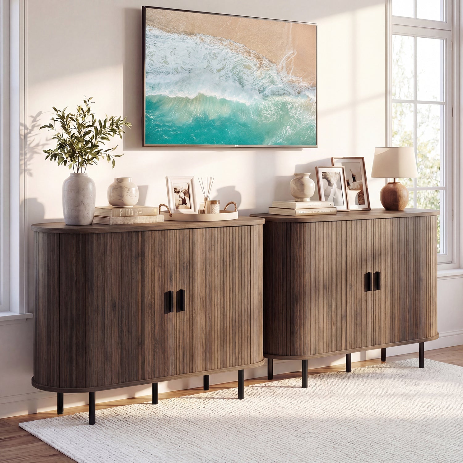 47 Inch Fluted Sideboard Buffet Cabinet with Tambour Sliding Doors and Metal Legs