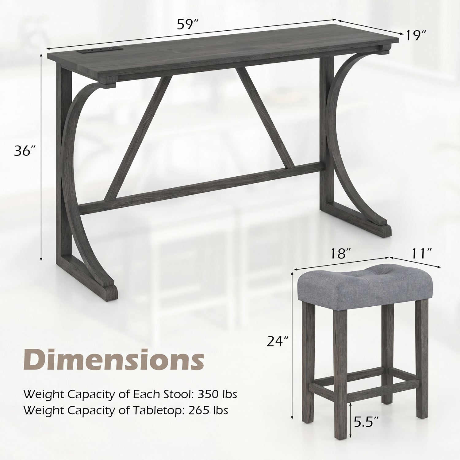 4-Piece Bar Table Set with Power Outlet & Upholstered Stools
