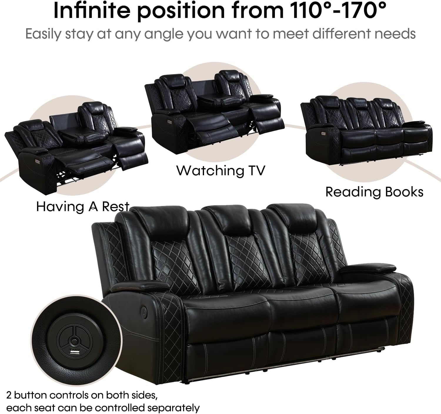 Amanda Black Leather Power Recliner Sectional