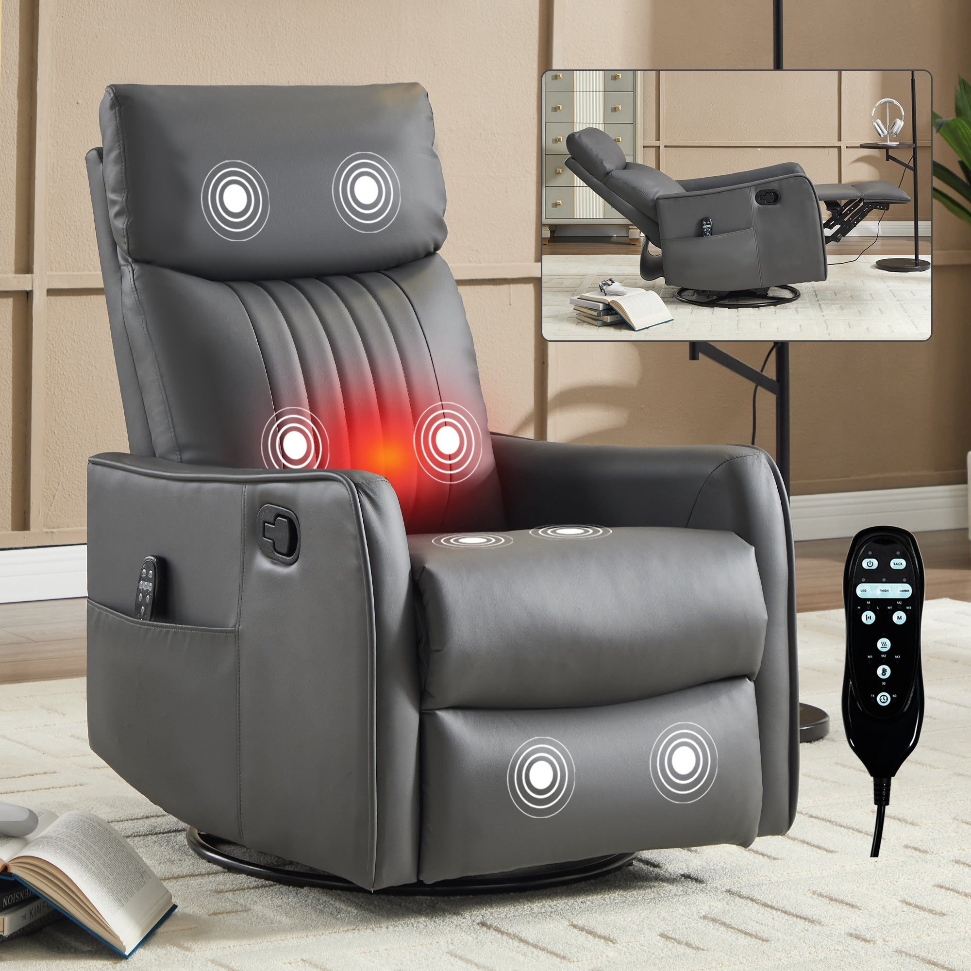 Grey Faux Leather Heat Massage Manual Recliner Chair