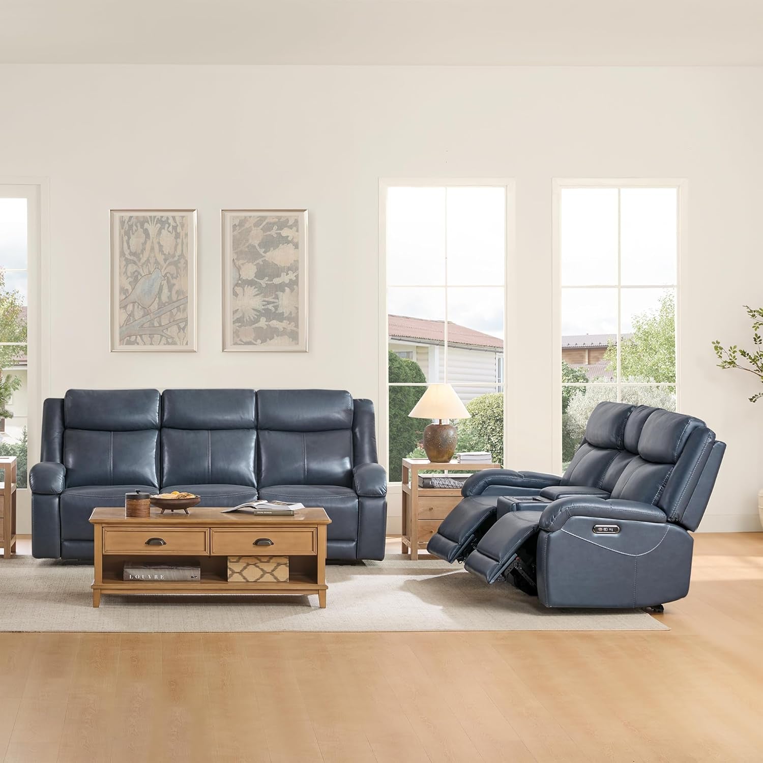 Navy Leather Power Recliner Sofa