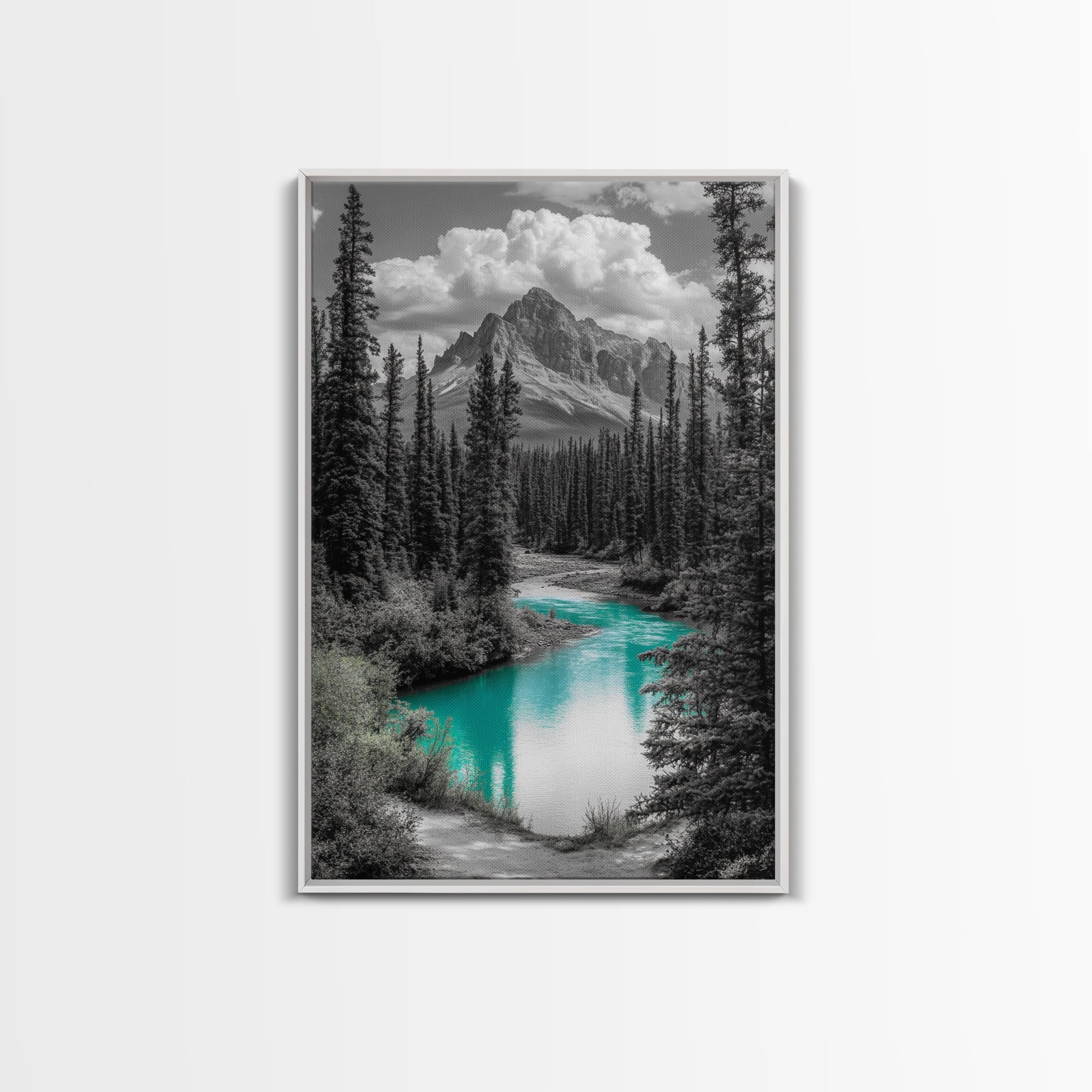 Mountain River, Turquoise Stream, Serene Nature Scene, Canvas Print, Living Room Wall Art, Minimal Landscape Decor, Cabin Vibes