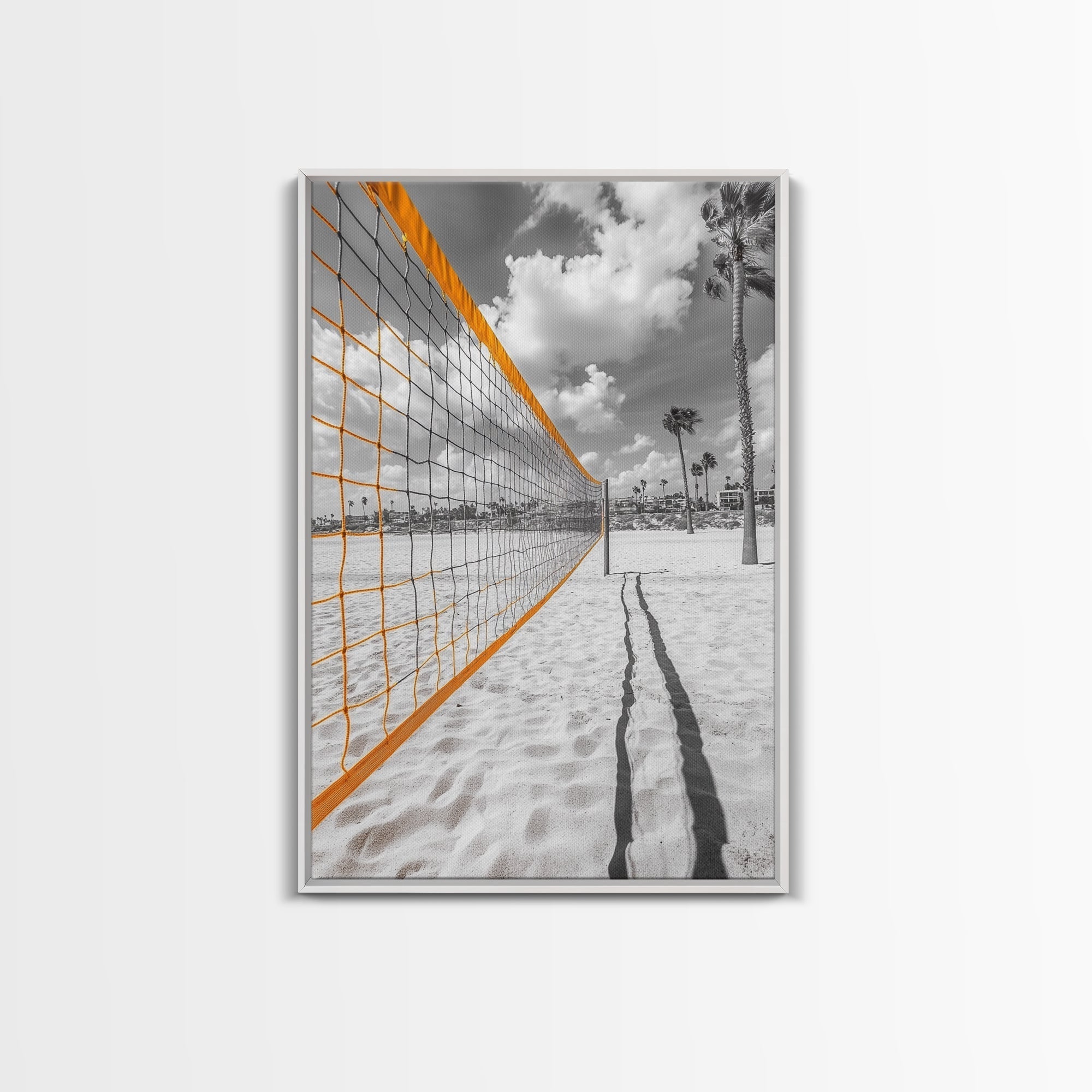 Volleyball Court, Sand and Net, Coastal Play, Framed Canvas Print, Sports Wall Art, Teen Room Decor, Summer Athletic Beach Vibes