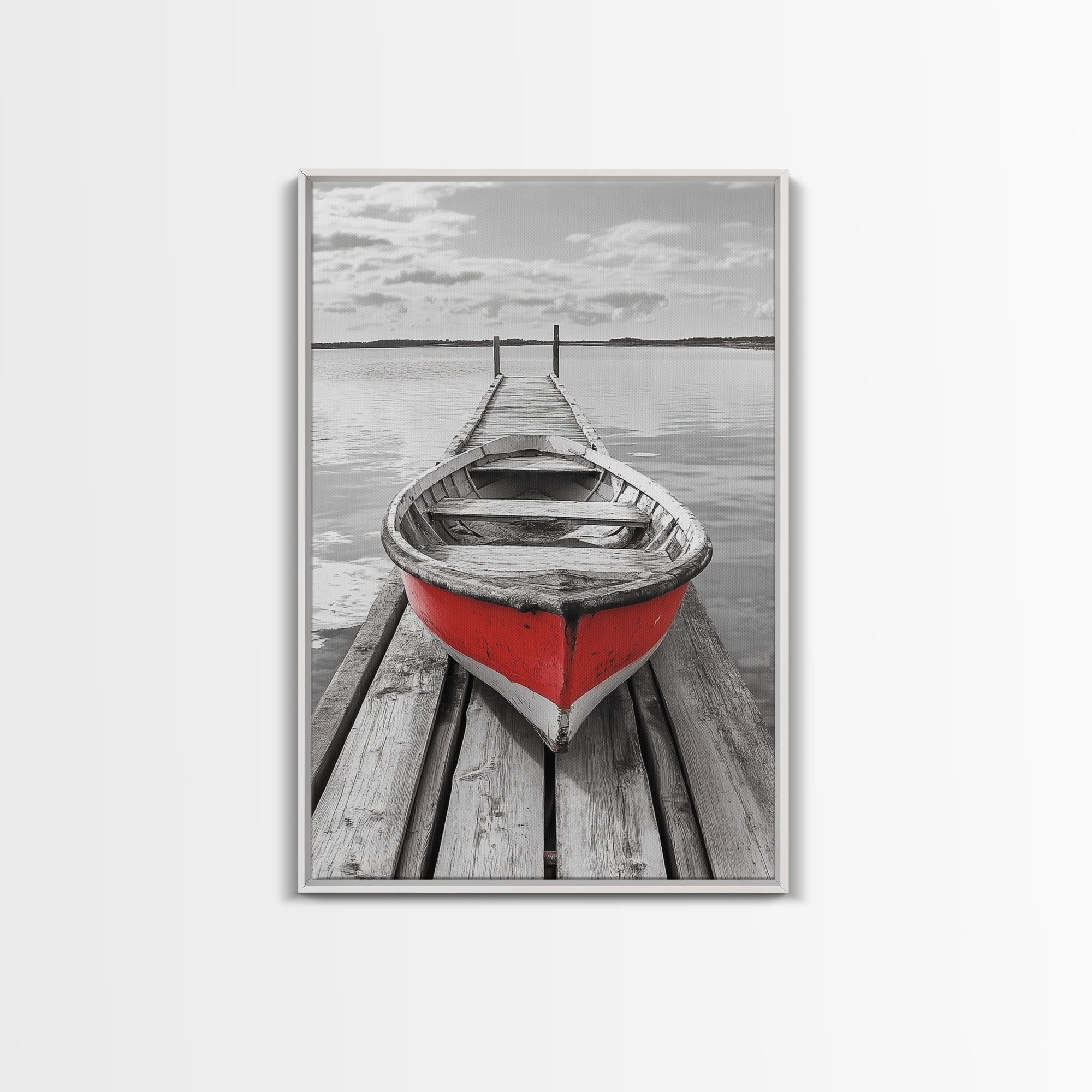 Red Rowboat, Dock Stillness, Minimalist Lake Scene, Canvas Print, Nautical Wall Art, Bathroom Decor, Tranquil Seascape, Coastal Aesthetic