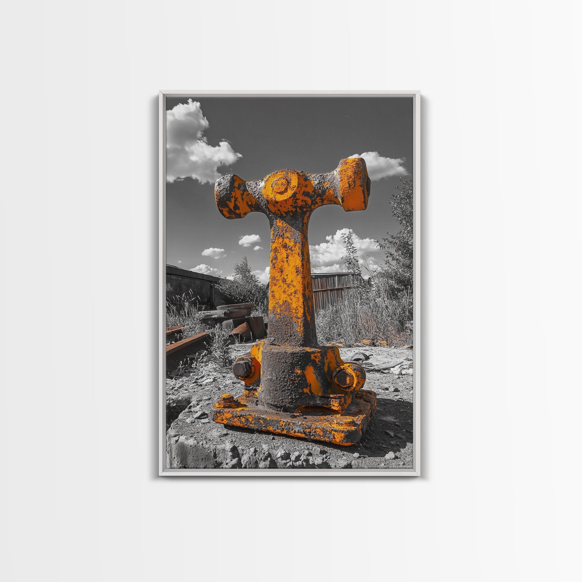 Rusty Bolt, Yellow Steel, Industrial Contrast, Framed Canvas Print, Garage Decor, Workshop Wall Art, Urban Grunge Photography