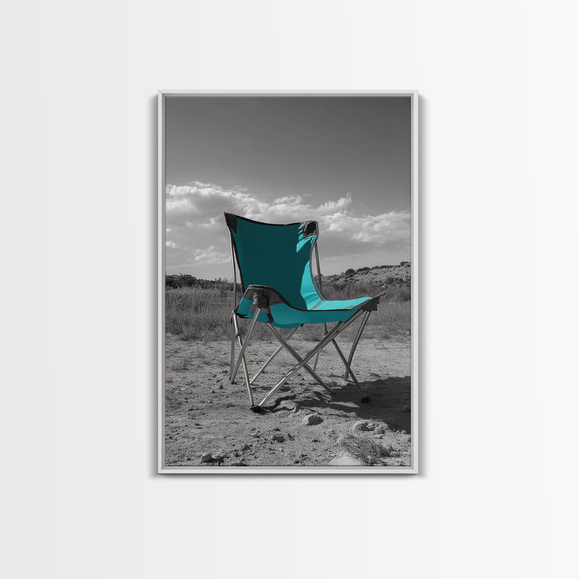 Teal Camp Chair, Outdoor Minimalism, Desert Art, Canvas Print, Camping Wall Decor, Nature Photo, Rustic Retreat, Cabin Wall Art