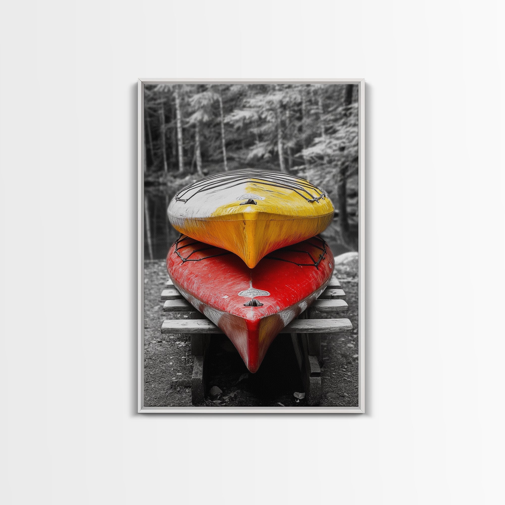 Stacked Kayaks, Red and Yellow, Forest Wall Art