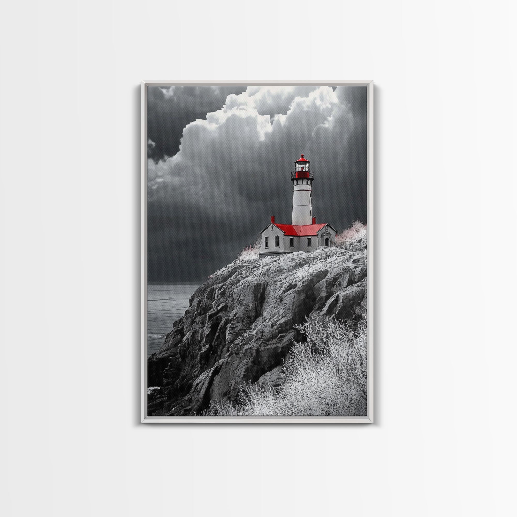 Stormy Lighthouse, Red Roof, Dramatic Coastline, Canvas Print, Coastal Wall Decor, Nautical Art, Living Room Wall Art, Rustic Home Art