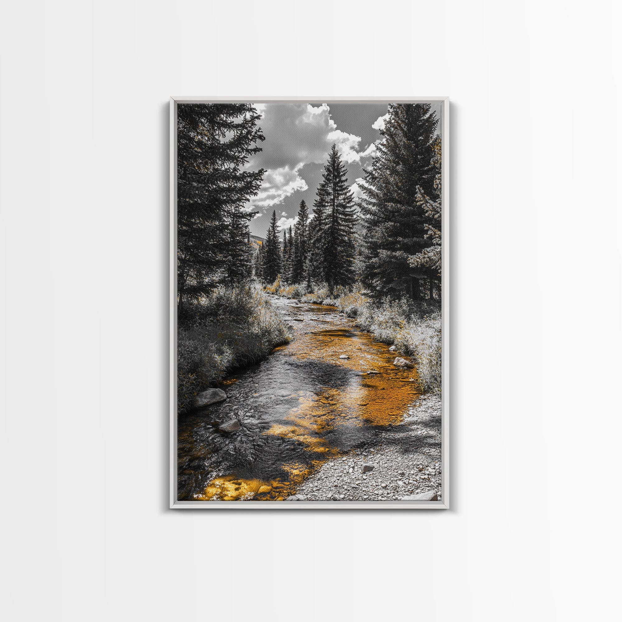 Forest Stream, Autumn Glow, Mountain Trees, Framed Canvas Print, Rustic Cabin Wall Art, Nature Photography, Fall Landscape Decor