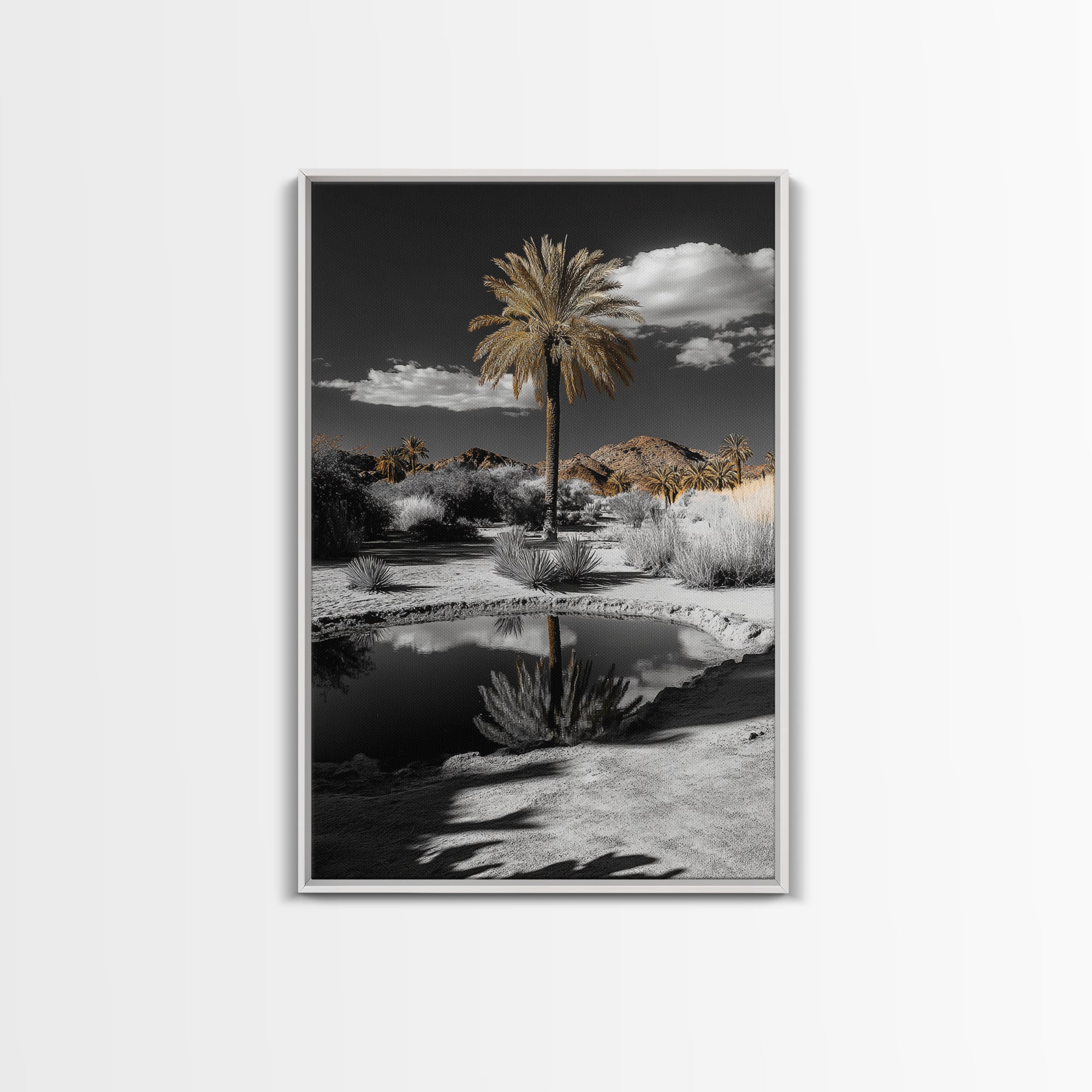 Palm Tree, Desert Oasis, Reflection Pond, Framed Canvas Print, Tropical Wall Art, Boho Decor, Minimalist Landscape Photography
