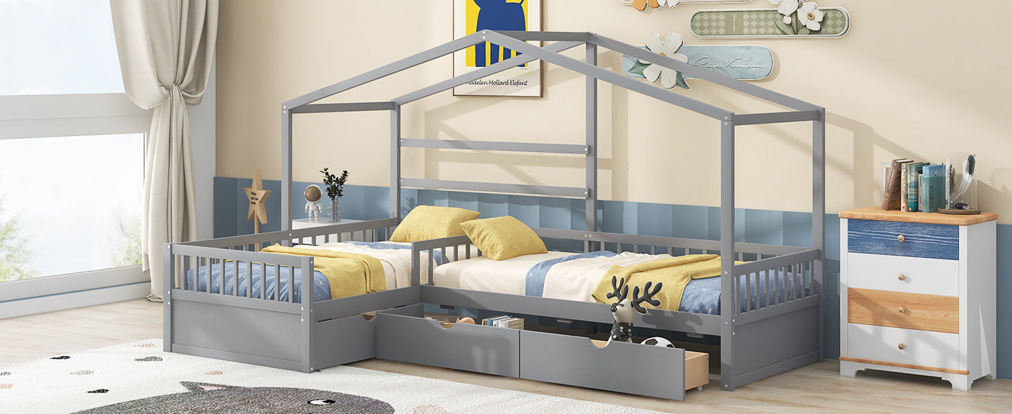 Twin Size House Platform Bed with Three Storage Drawers