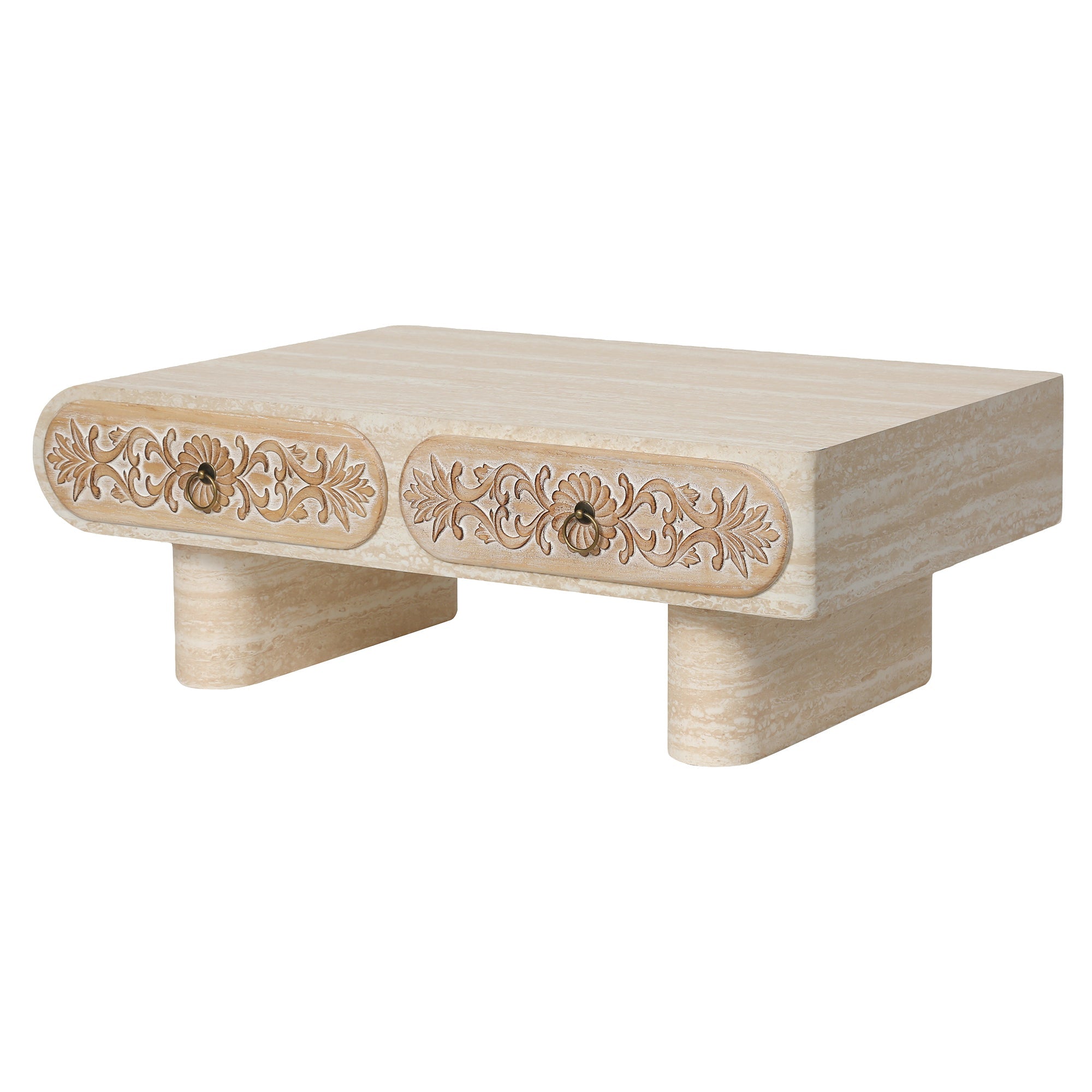Rounded Edge Coffee Table with Flower Pattern Solid Wood Drawer