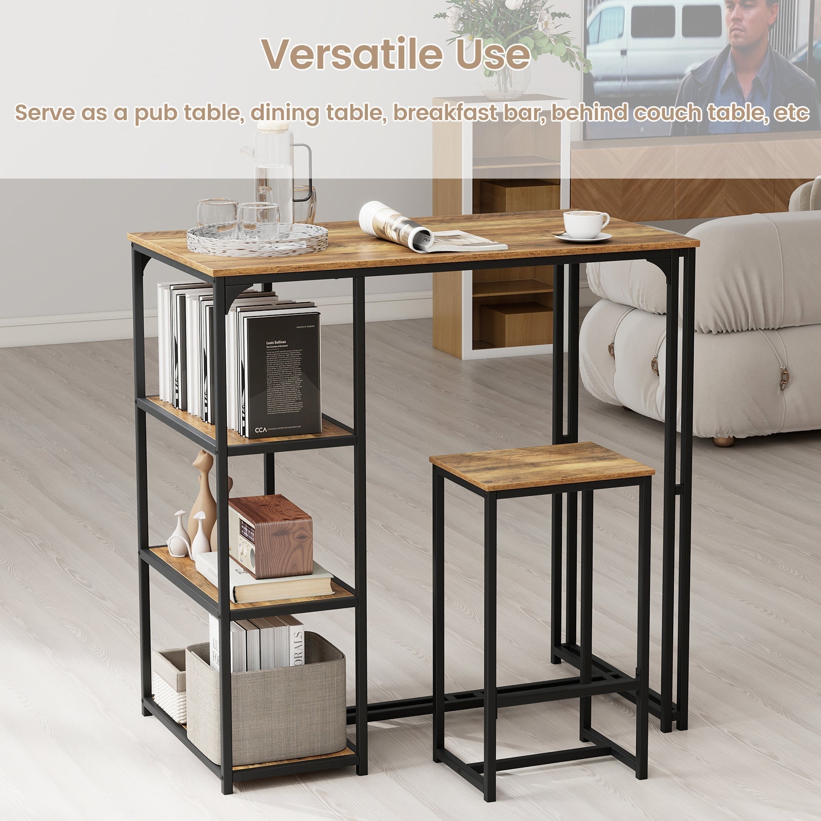 3-Piece Bar Table Set with 2 Stools-Rustic Brown