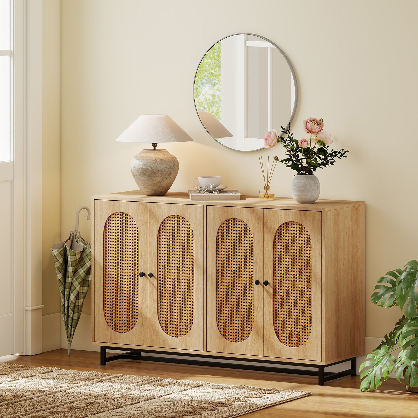 50 Inch Buffet Sideboard Cabinet with 4 Rattan Doors and Adjustable Shelves-Natural