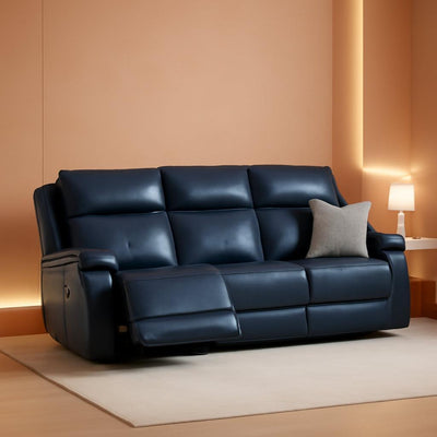 Navy Leather Power Recliner Sofa