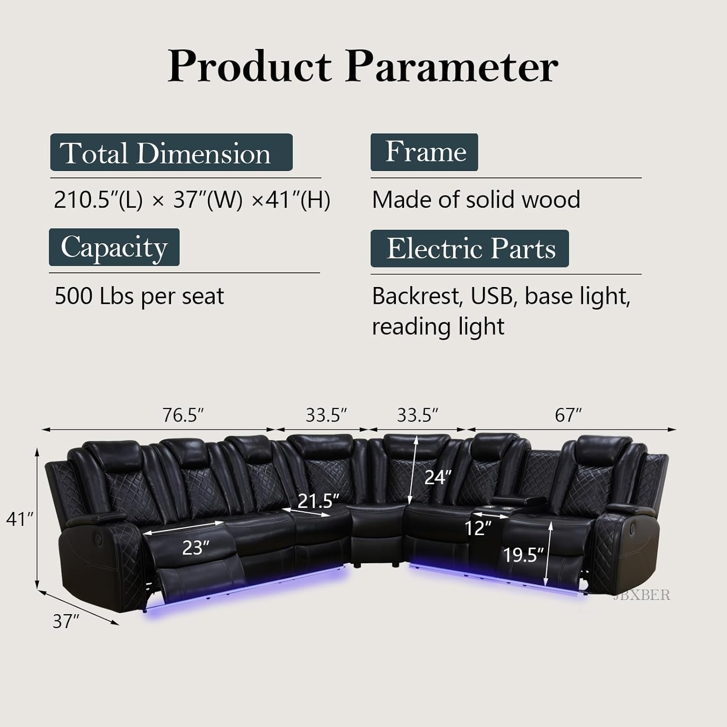 Transformer Power Recliner Sectional Sofa Set In Black With Led Lights