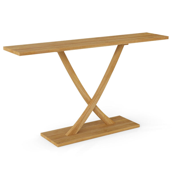 57 Inch Solid Wood Console Table with Teak Wood Frame and Geometric Design