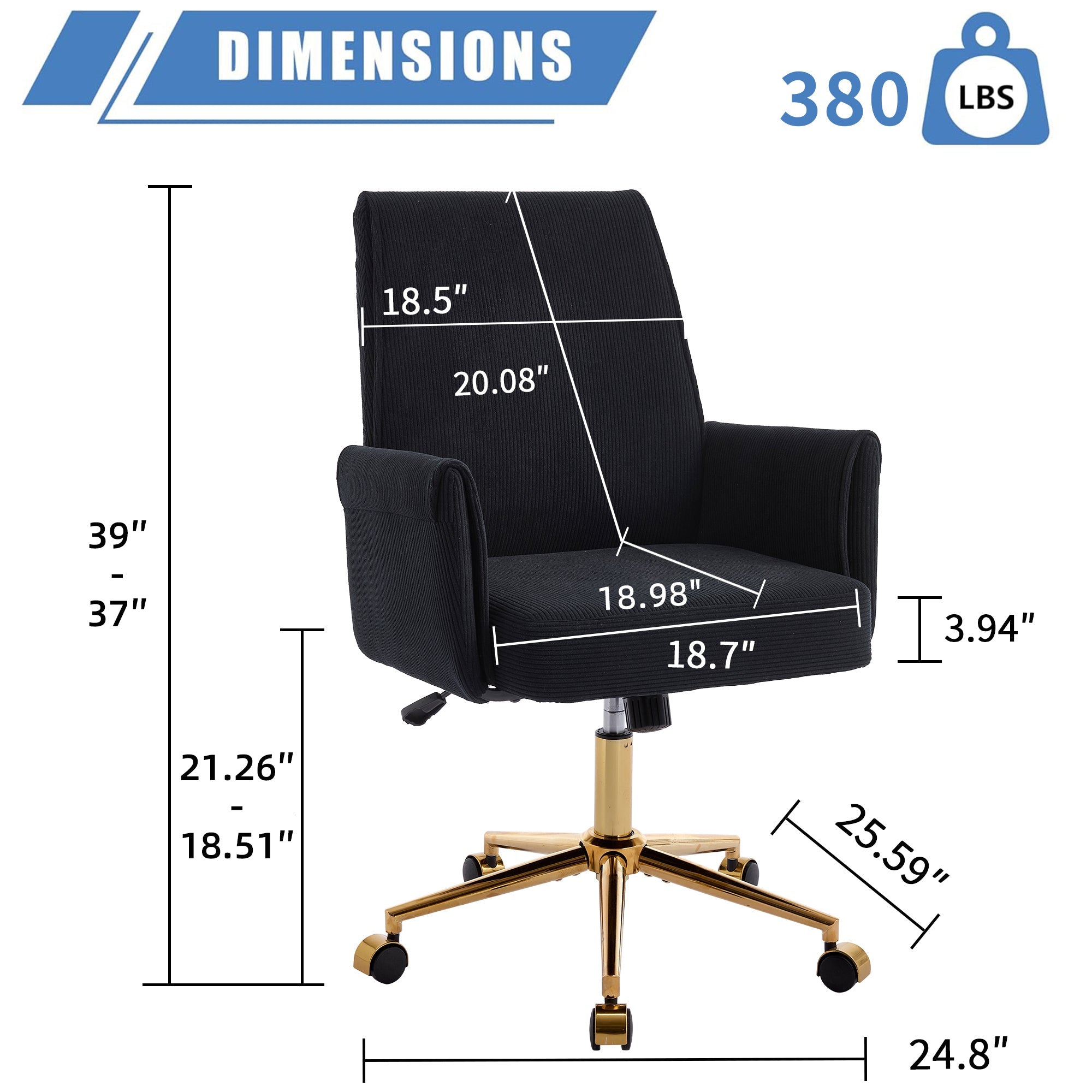 Mid-Back Liftable Office Chair - Striped Fabric - Black