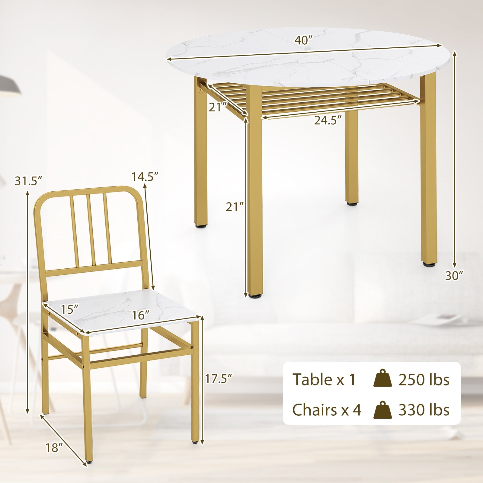 5-Piece Round Dining Table Set with Storage Shelf for Dining Room