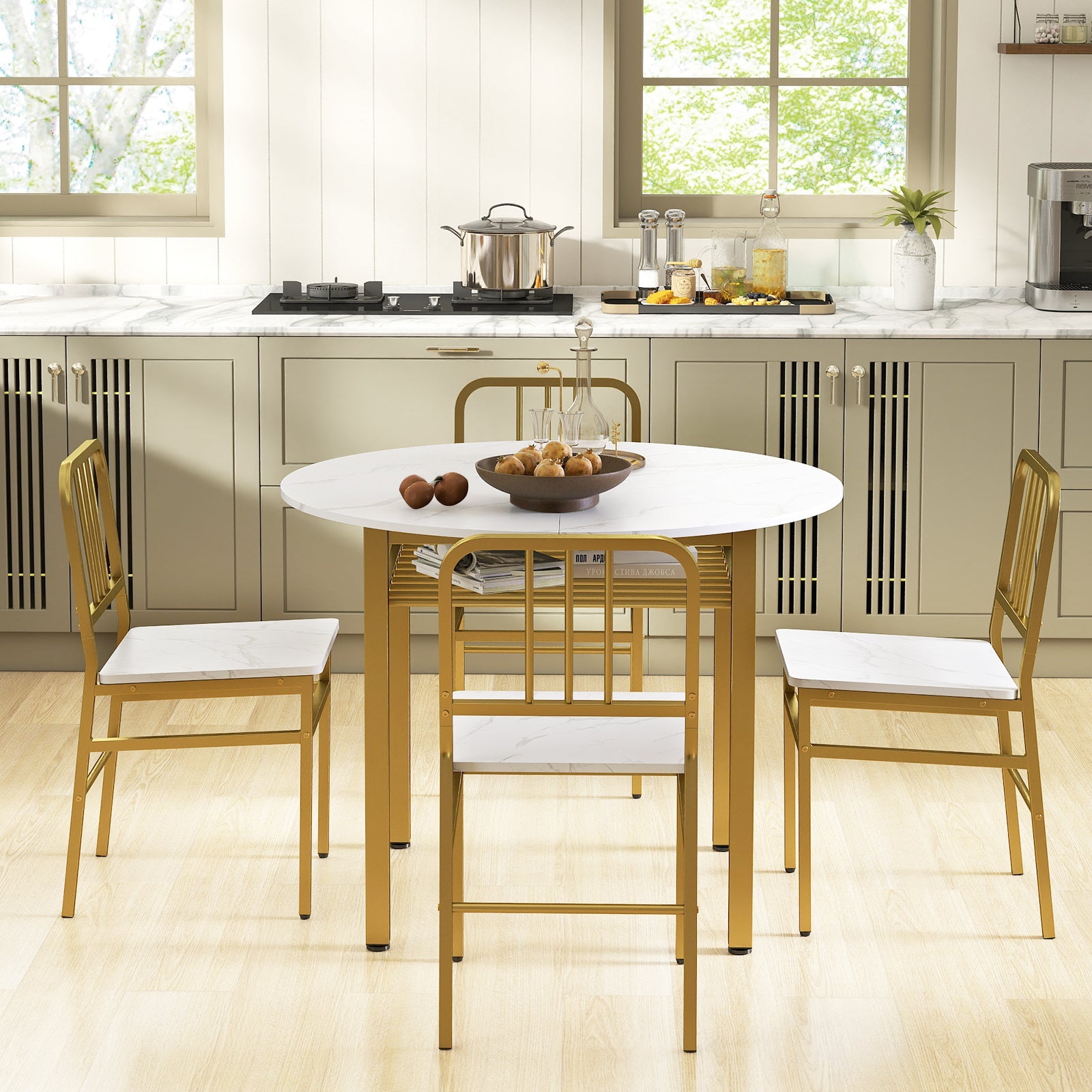 5-Piece Round Dining Table Set with Storage Shelf for Dining Room