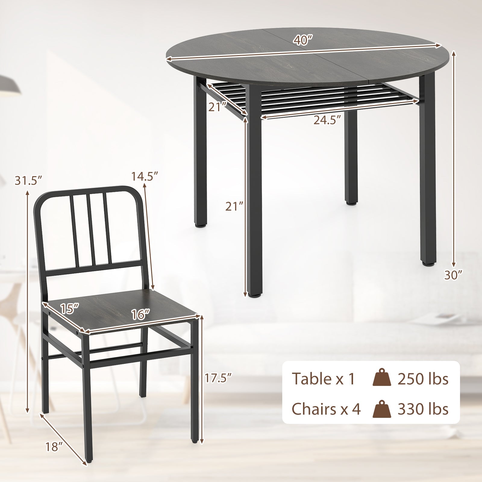 5-Piece Round Dining Table Set with Storage Shelf for Dining Room