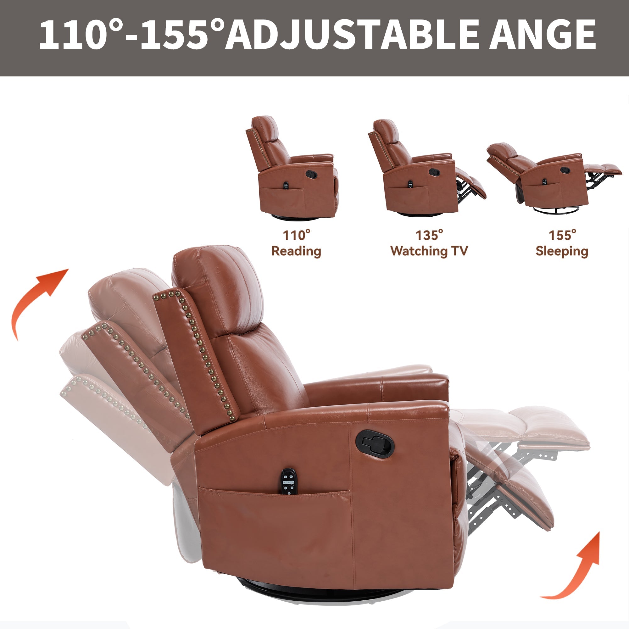 Red Genuine Leather Heat Massage Manual Recliner Chair